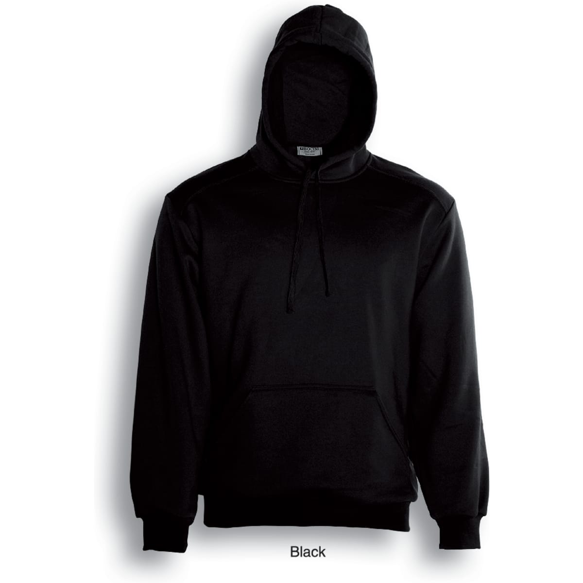 A black unisex pull-over hoodie featuring a hood and a front pocket, with a branding logo.