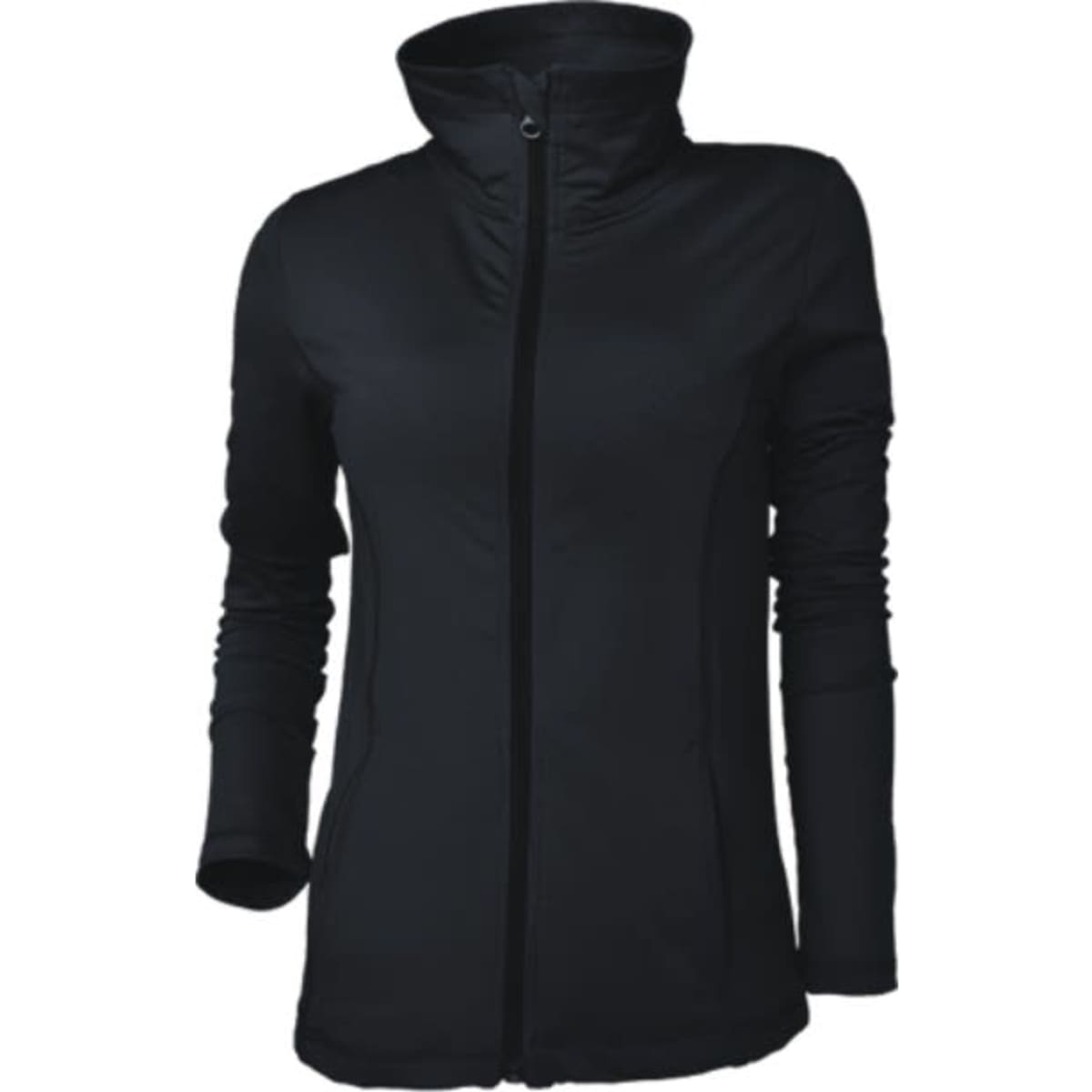 A black ladies yoga jacket with a high collar and zip closure, featuring a logo on the front.