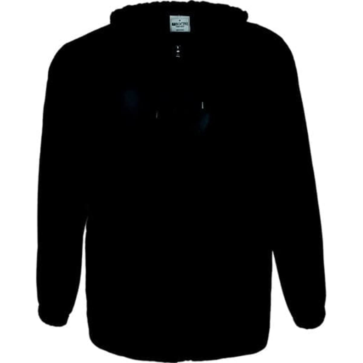 A black wet weather jacket with a hood, featuring a front pocket and a logo. Suitable for rainy conditions.