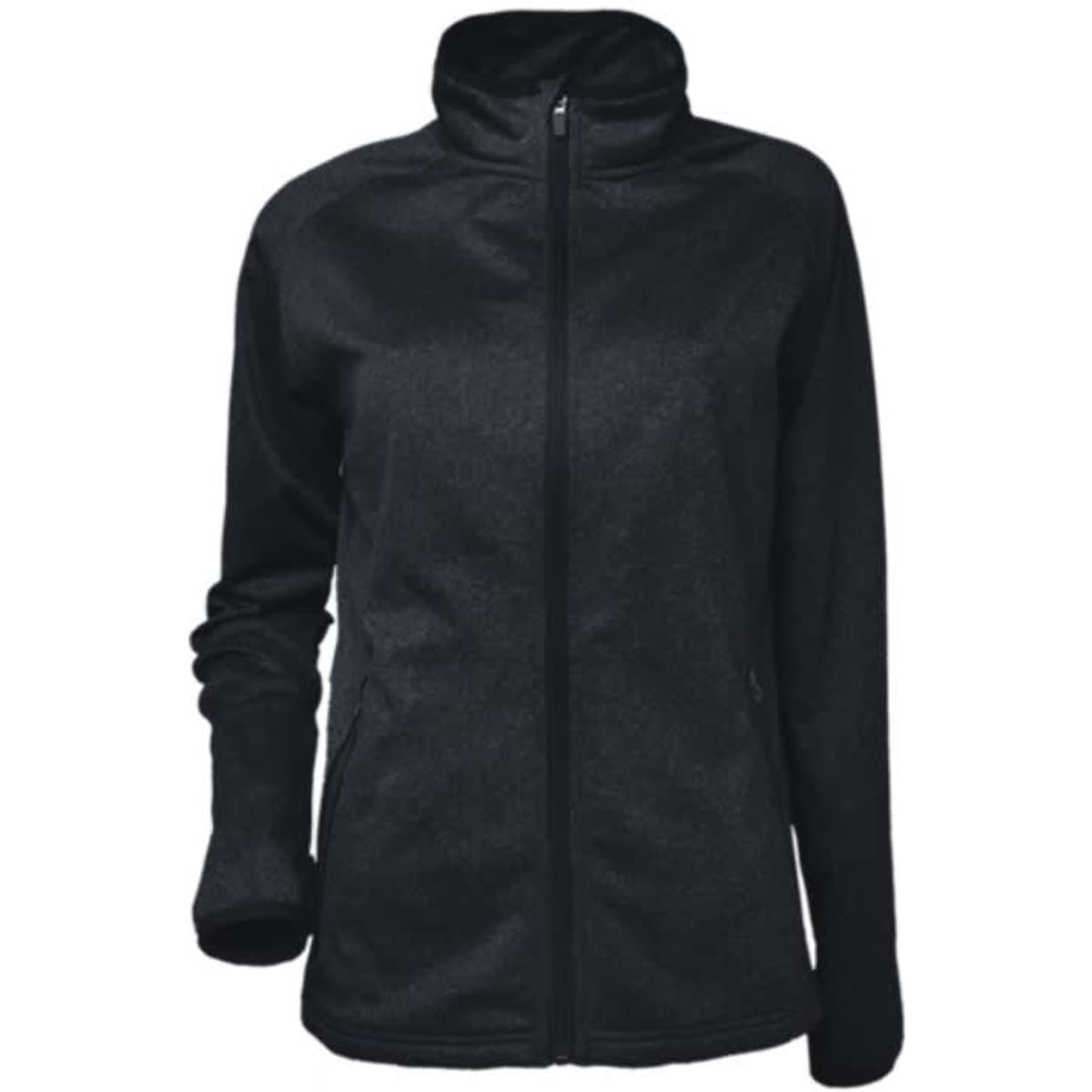 A black polar fleece zip-through jacket with a high collar and side pockets. It features a logo on the garment.
