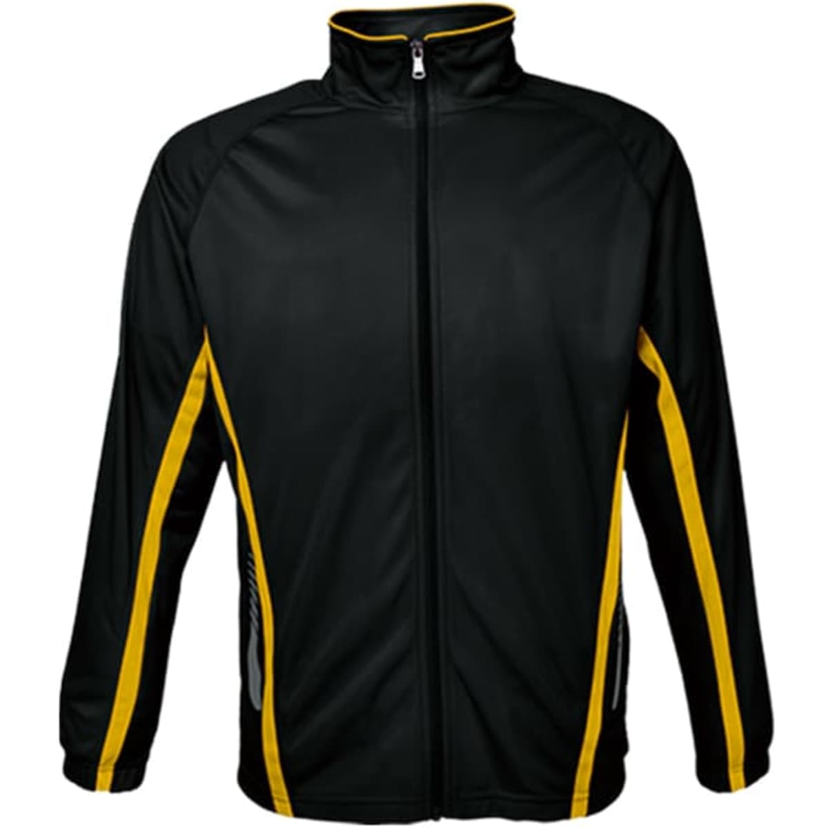A black and yellow unisex track jacket featuring a zip front and side pockets, has a logo on the upper left.