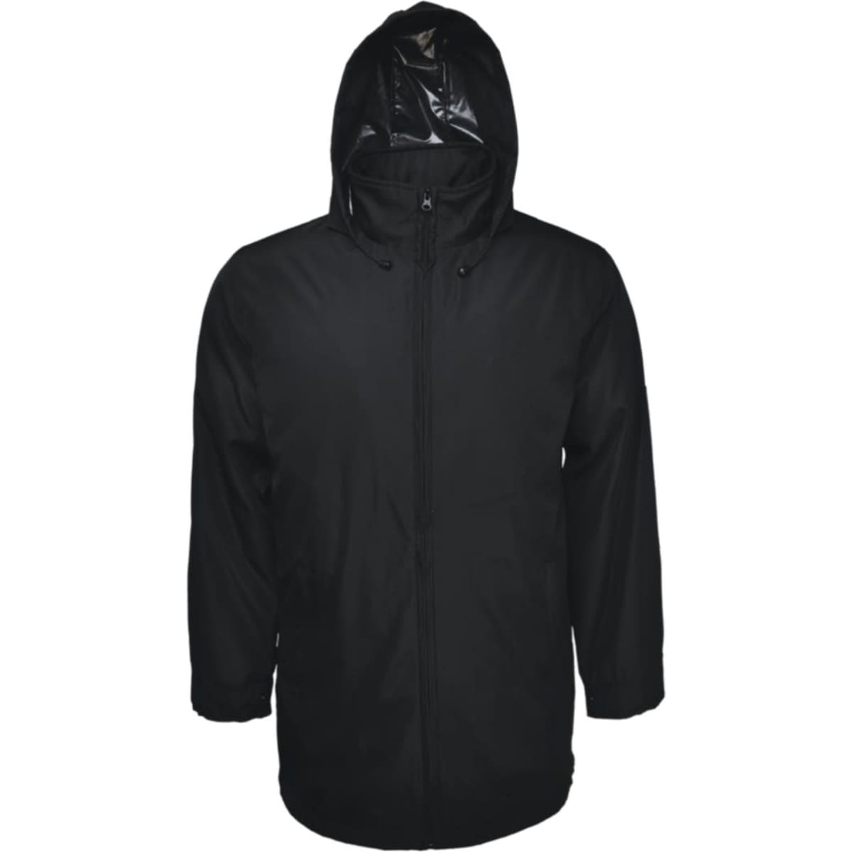 A black unisex adults coaches jacket with a hood and a zip-up front. It features a logo on the sleeve.