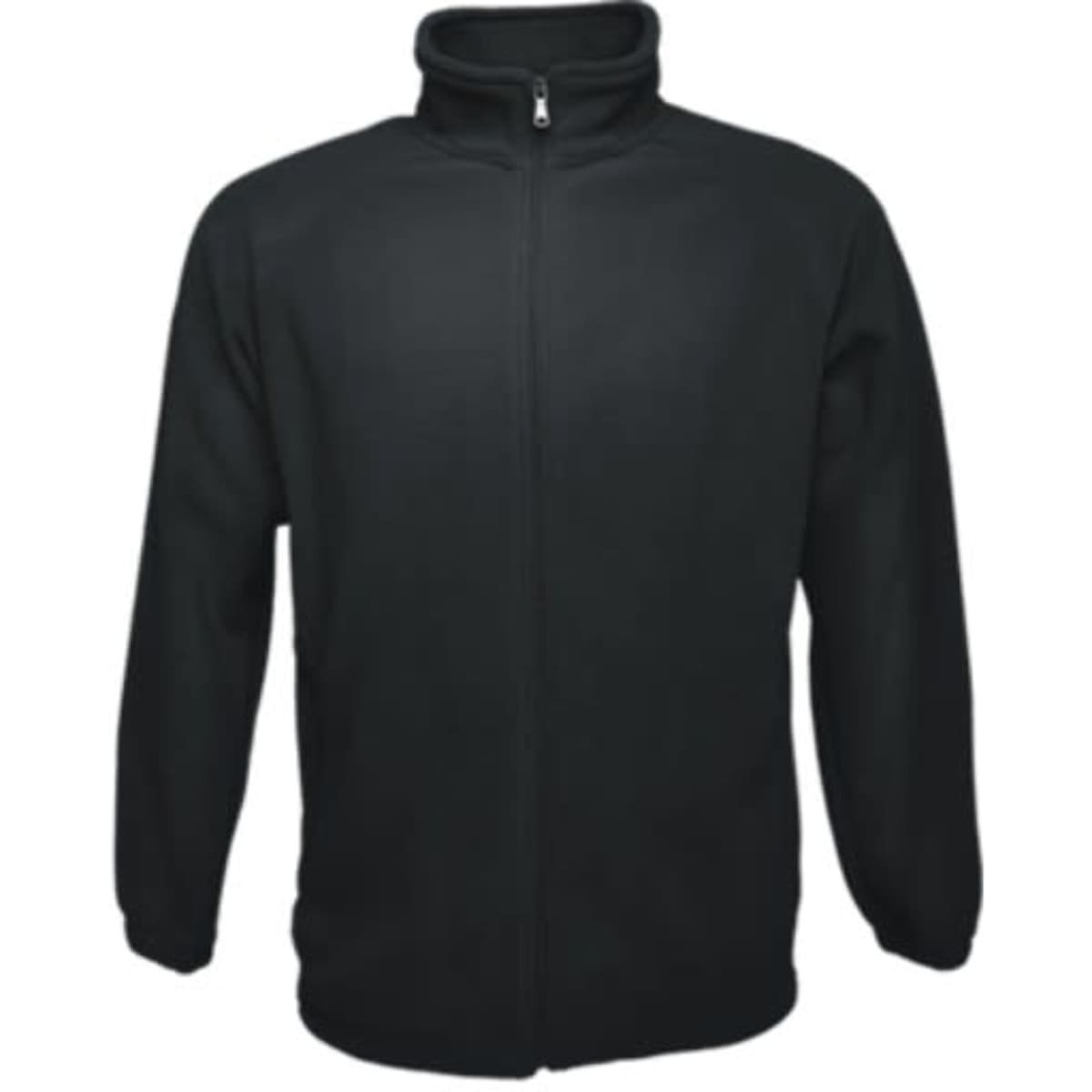 A black unisex polar fleece zip-through jacket with a high collar and full front zip. Features long sleeves and a fitted design.
