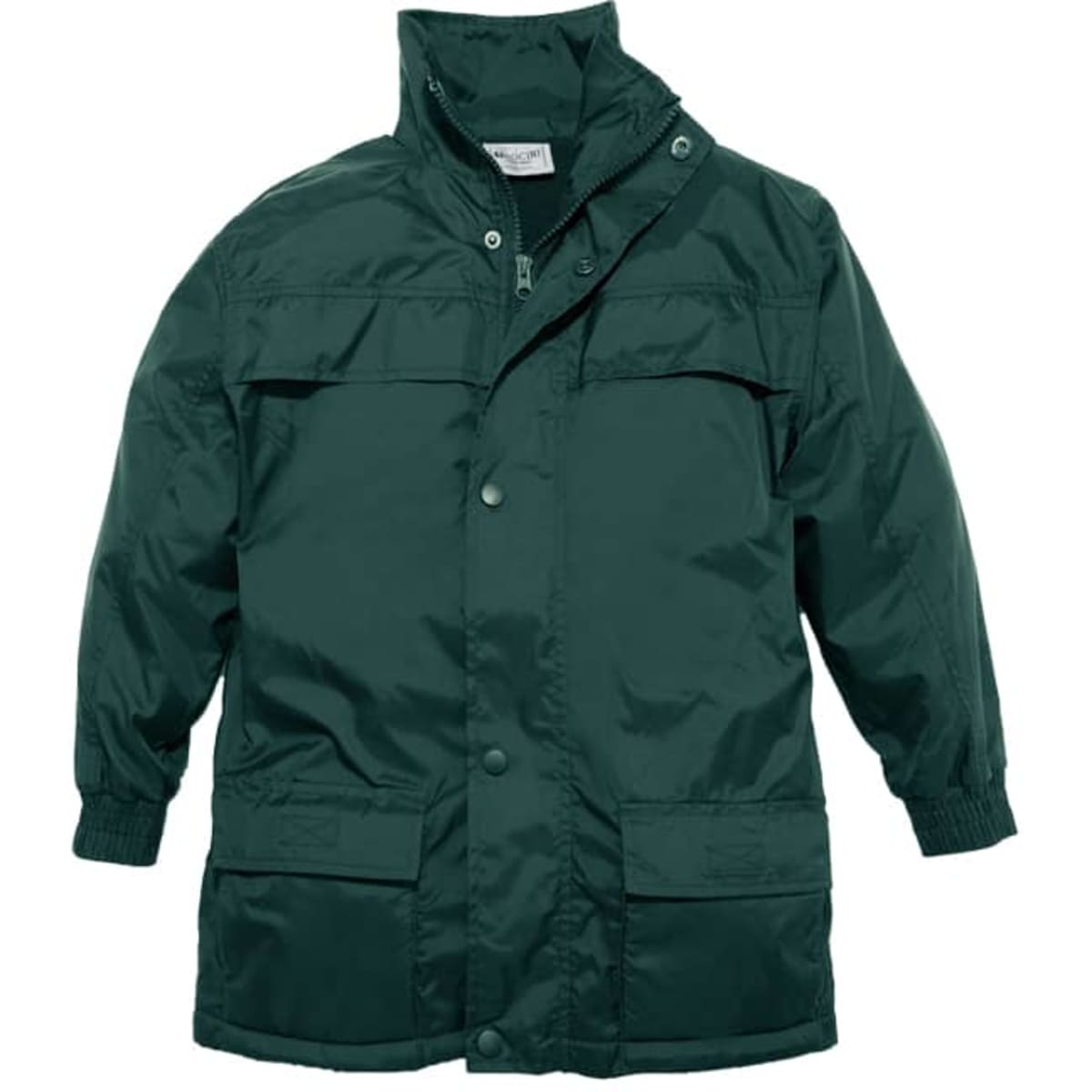 A green kids' outer jacket featuring a front zipper, snap buttons, and two pockets. It has a logo on the chest.