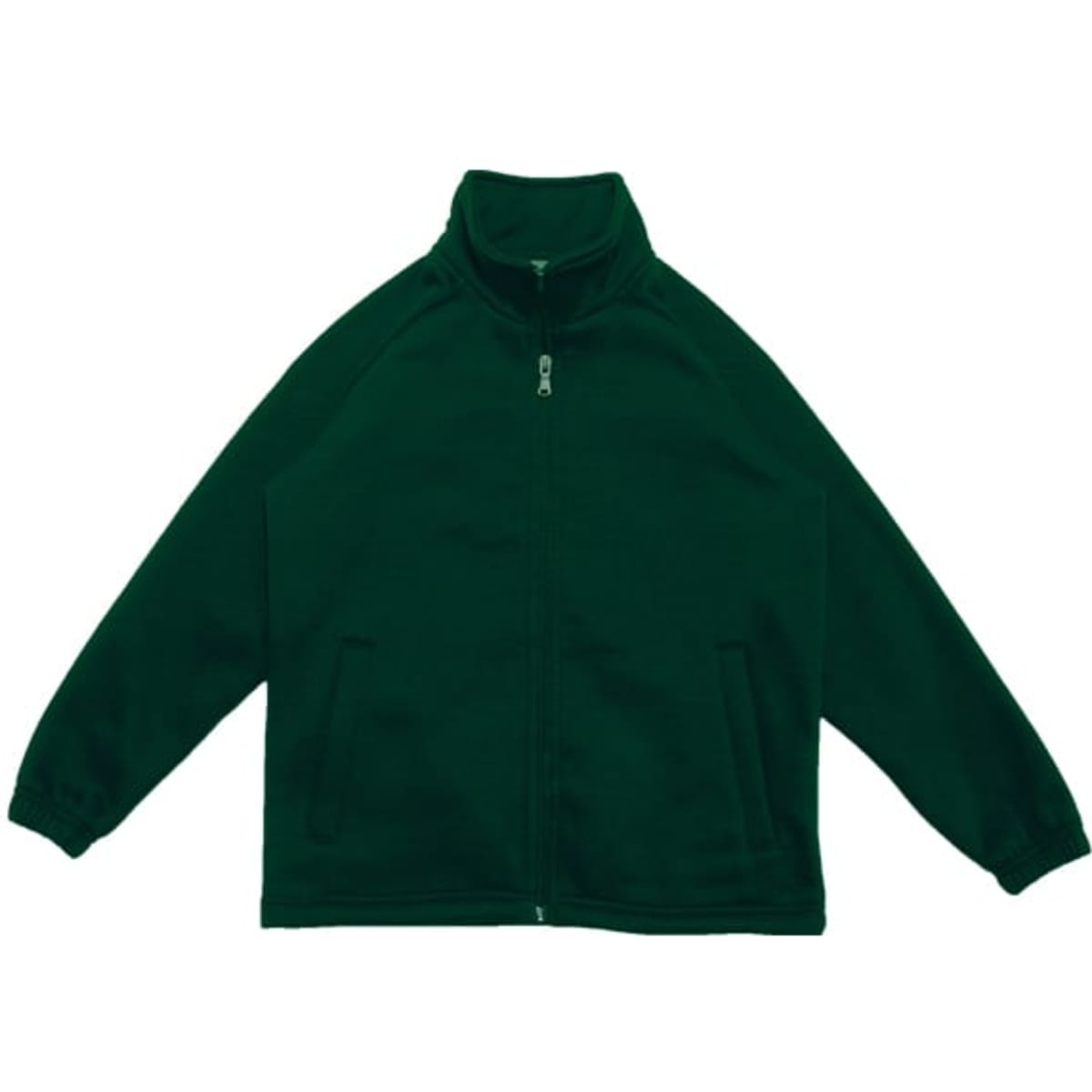 A green unisex poly/cotton fleece zip-through jacket with long sleeves and a collar. It has two front pockets.