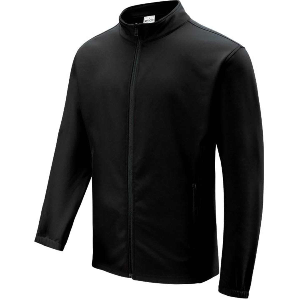 A men's softshell jacket in black, featuring a zip front and two side pockets. It has a collar and a logo.