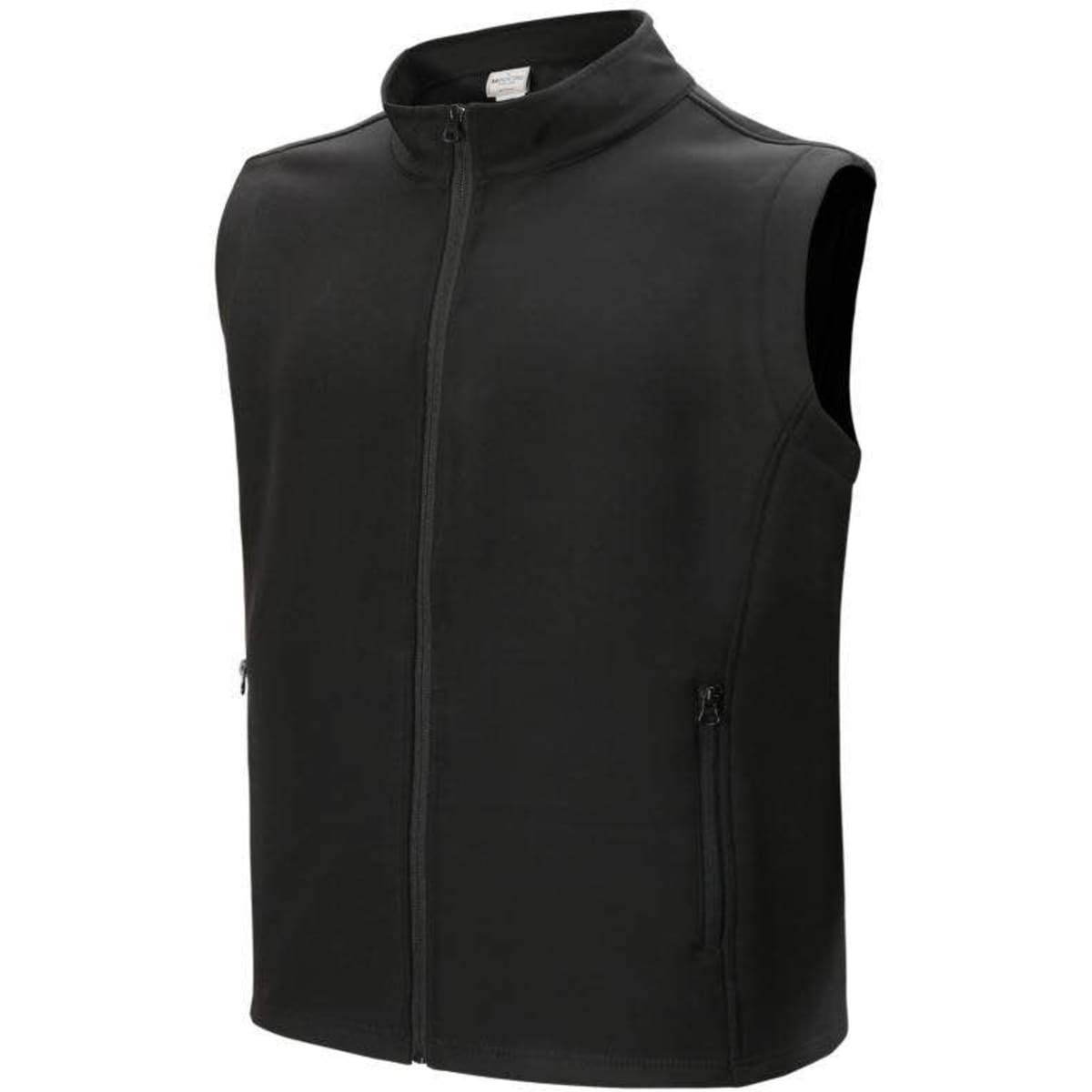 A black kids' softshell vest with a high collar and zippered pockets, featuring a logo on the chest.