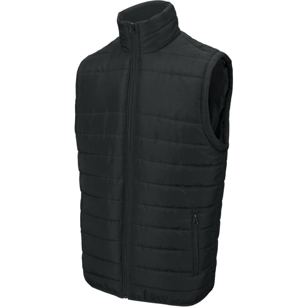 A black kids' puffer vest features a zipped front and two side pockets, with quilted detailing.