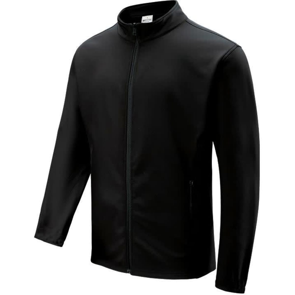 A black men's softshell jacket with a zip front and adjustable cuffs, featuring side pockets and a logo.
