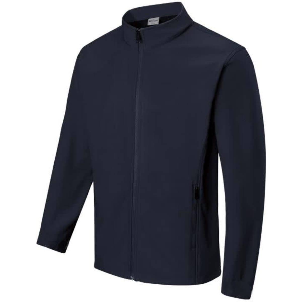 A navy ladies softshell jacket featuring adjustable cuffs and a zip front, with side pockets and a logo.
