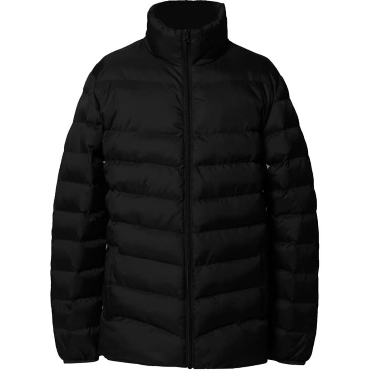 A puffer jacket in black featuring a high collar and a zip-up front, with a quilted design for warmth.