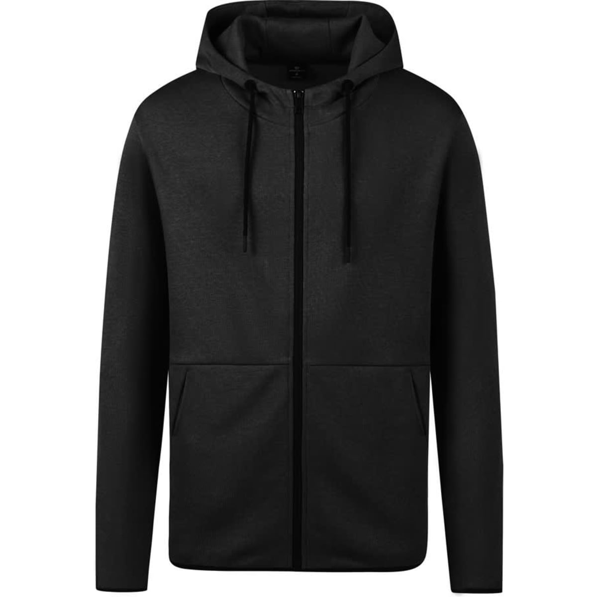 A black zipped hoodie with a hood, featuring front pockets and a logo.