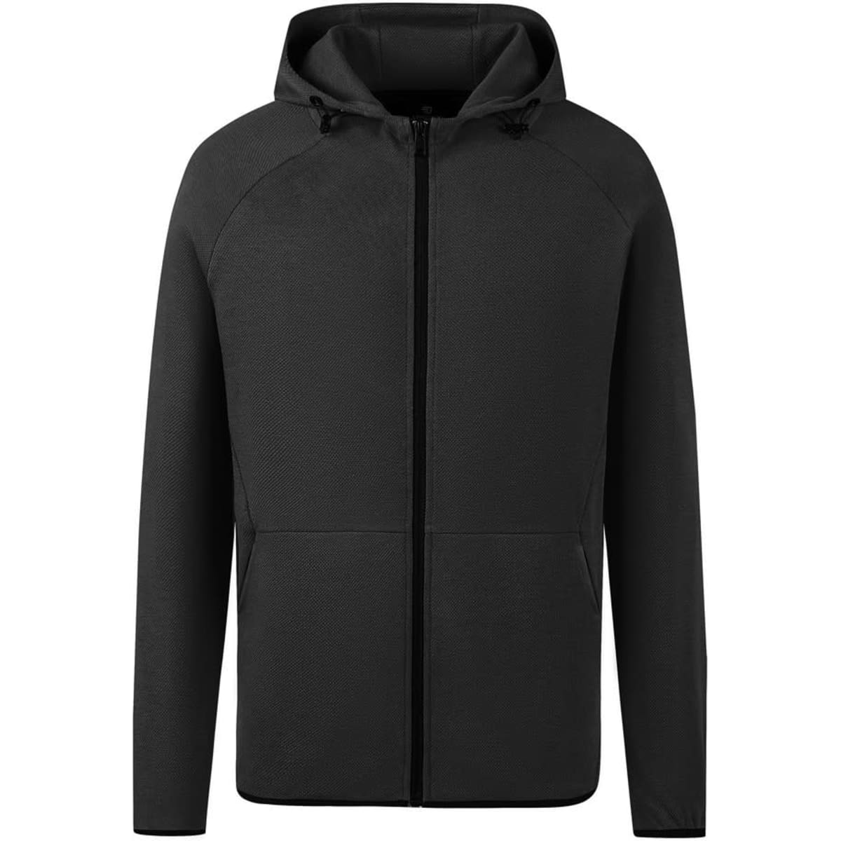 A black zipped hoodie featuring a hood and front zip, with a subtle branding logo.