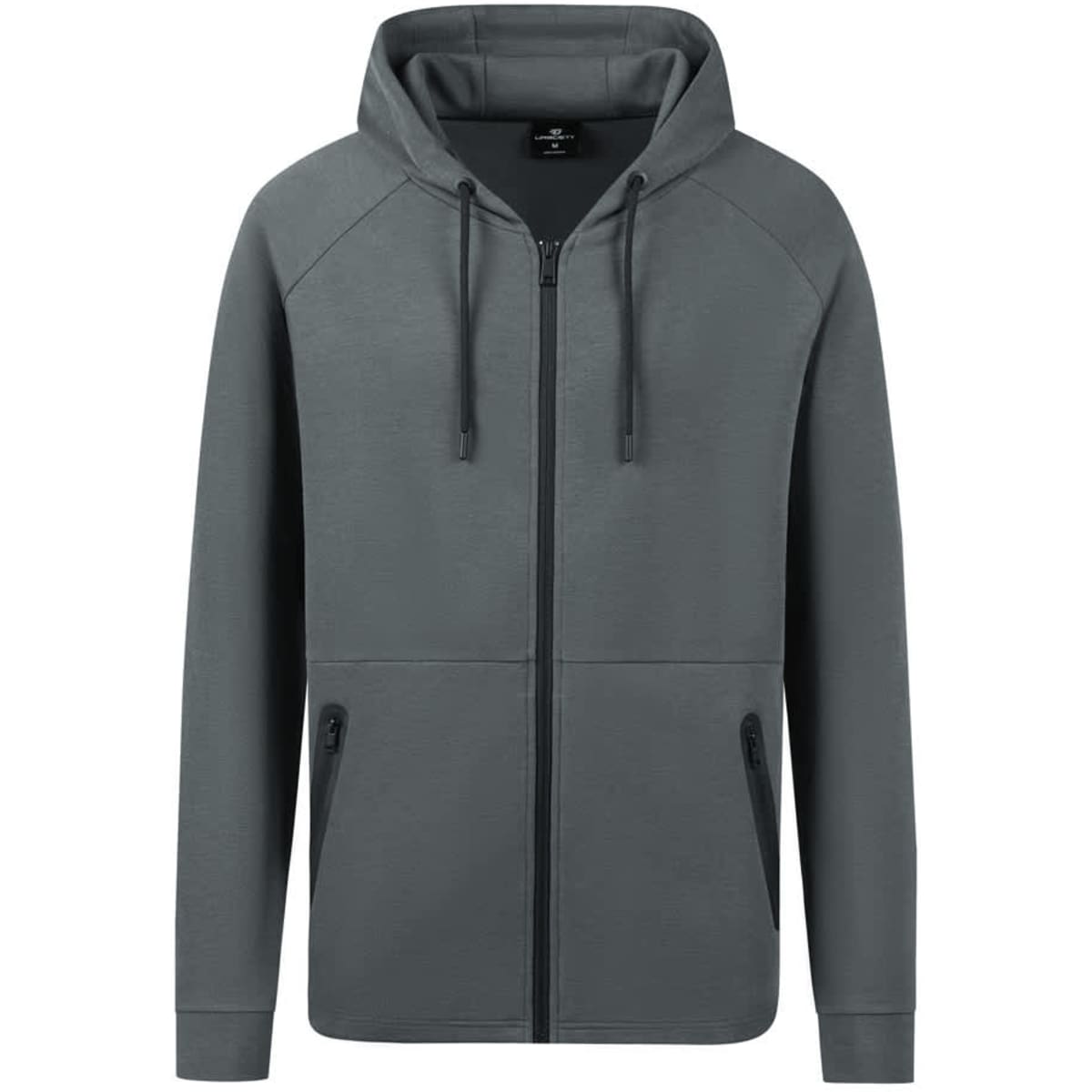 A grey zipped hoodie with a hood, featuring two front pockets and a logo on the chest.