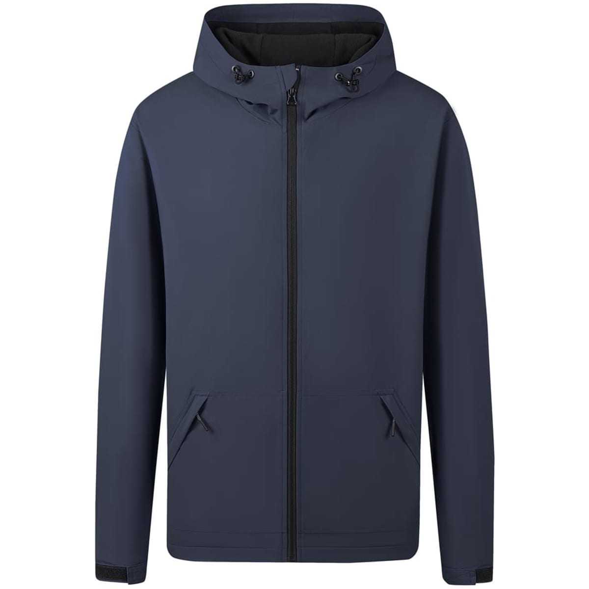 A navy blue rain jacket featuring a hood, front zipper, and side pockets. It includes a logo on the chest.