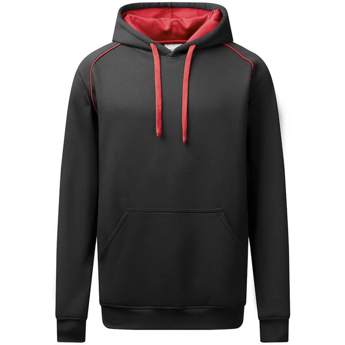 A black hoodie with a contrasting red inner lining and drawstrings, featuring a front pocket and branding.