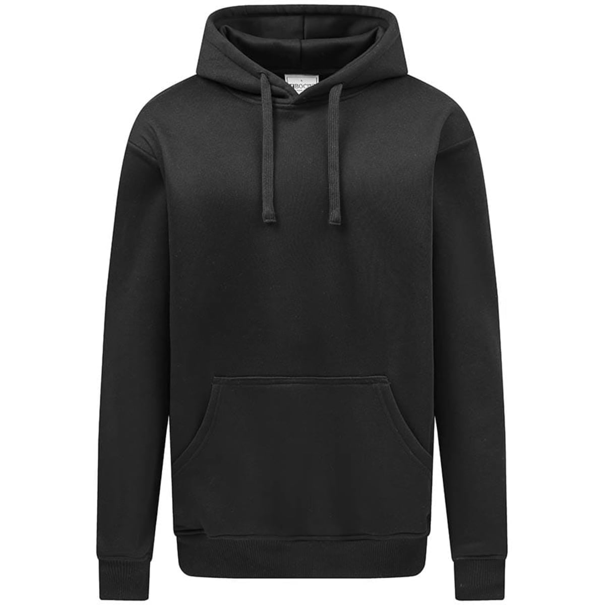 A black premium hoodie featuring a front pocket and drawstring hood. It has a logo on the front.