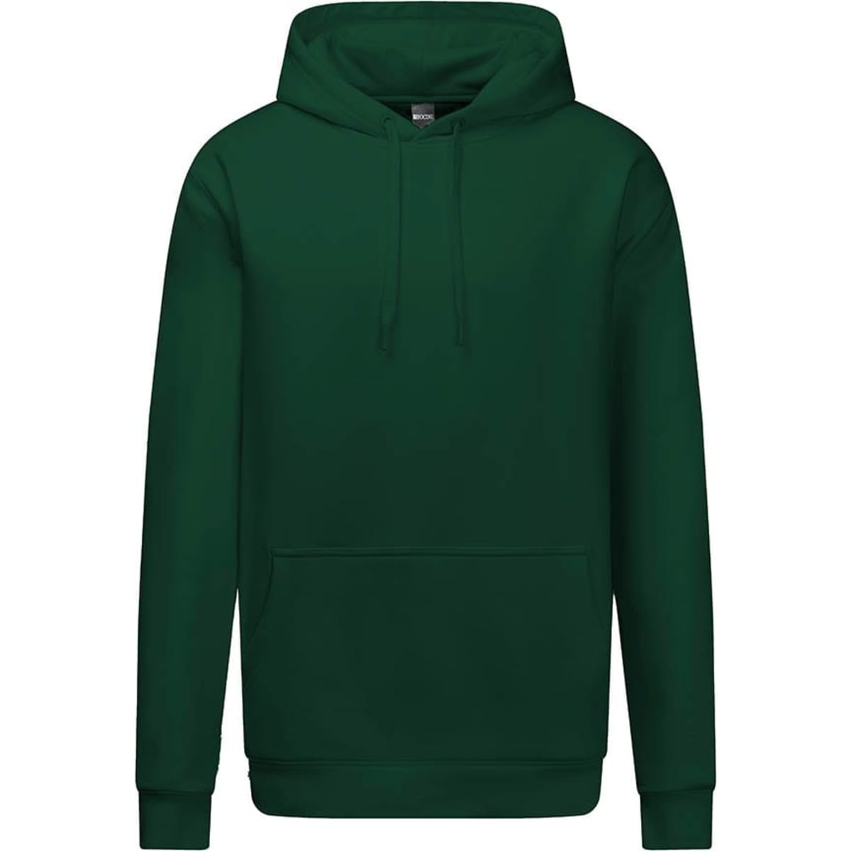 A green heavy weight hoodie featuring a front pocket and a drawstring hood. It has a logo on the front.