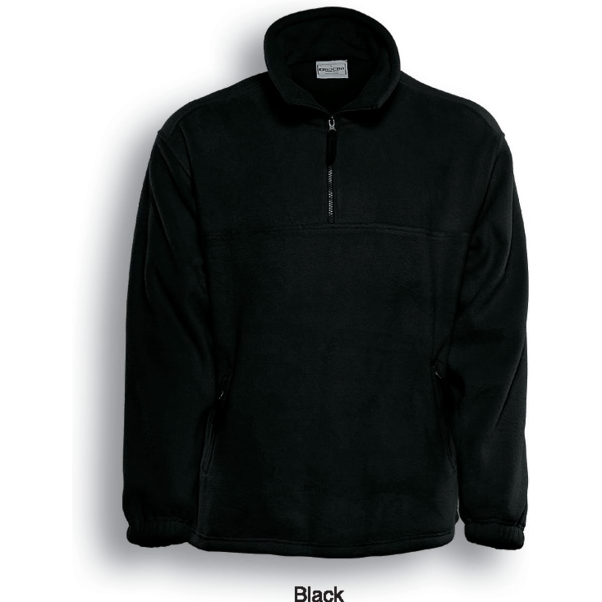 A black unisex polar fleece jumper with a half zip and pockets, featuring a logo on the upper chest area.