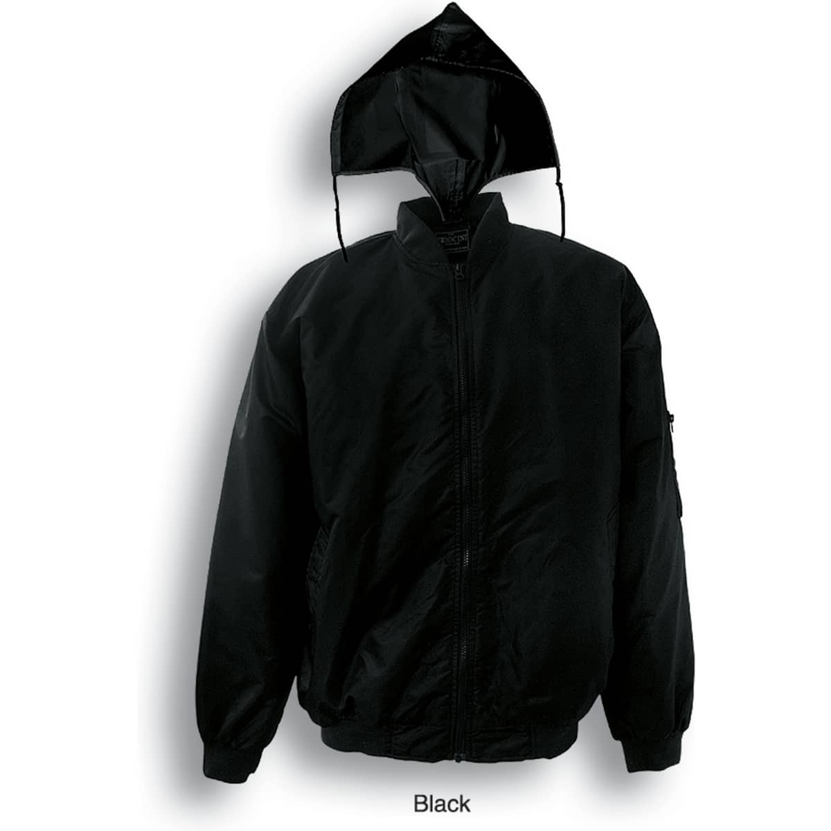 A black unisex adults flying jacket featuring a zip front, stand-up collar, and an attached hood.