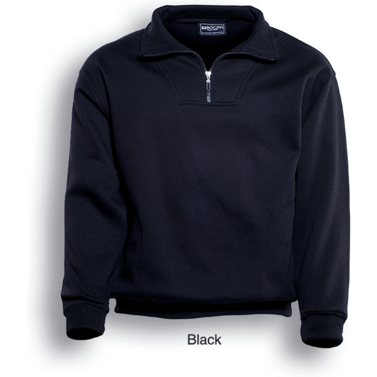A black unisex half-zip fleece jumper with a pocket and ribbed cuffs. Features a branding logo.