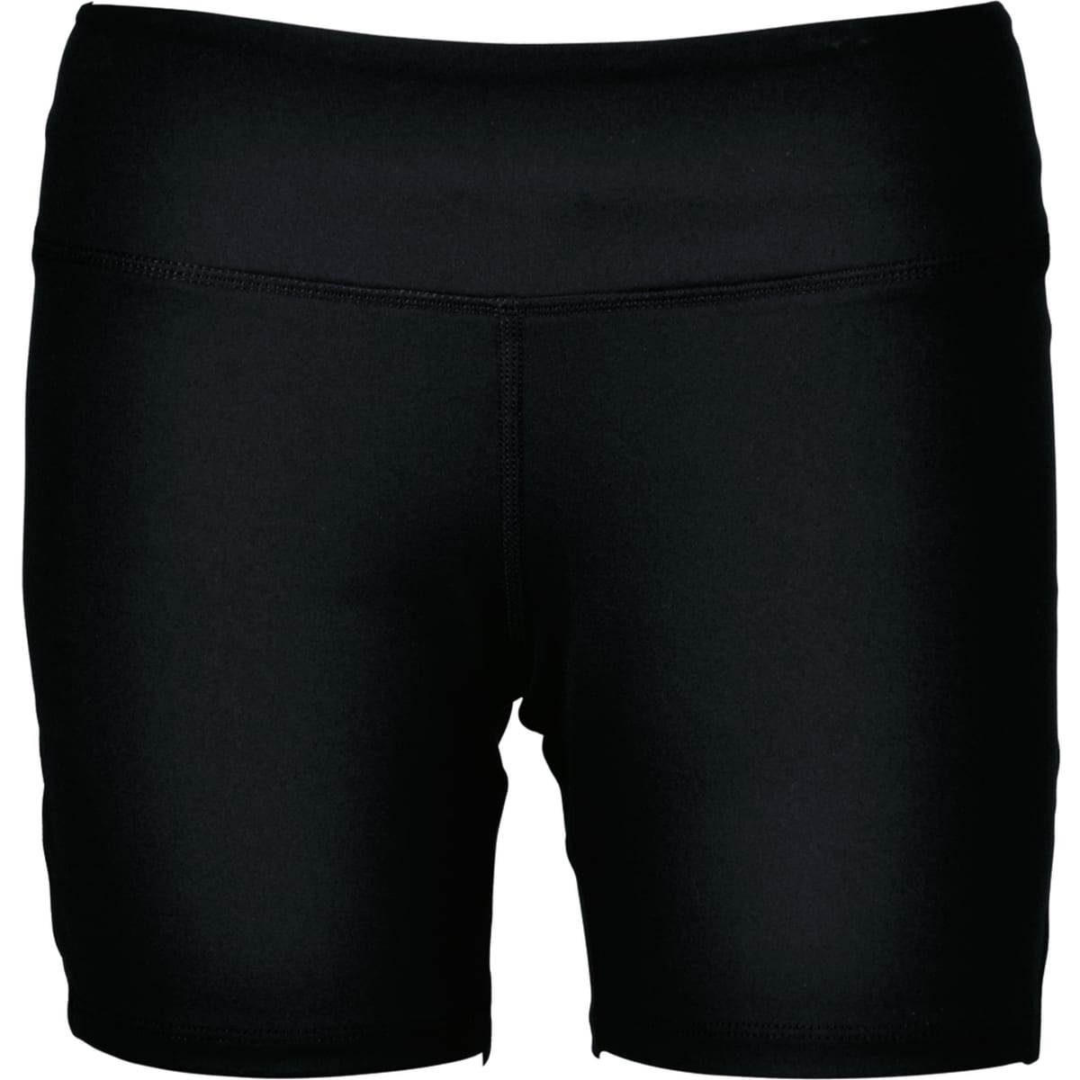 Black ladies' gym shorts with a simple design and an elastic waistband. Features a logo on the waistband.