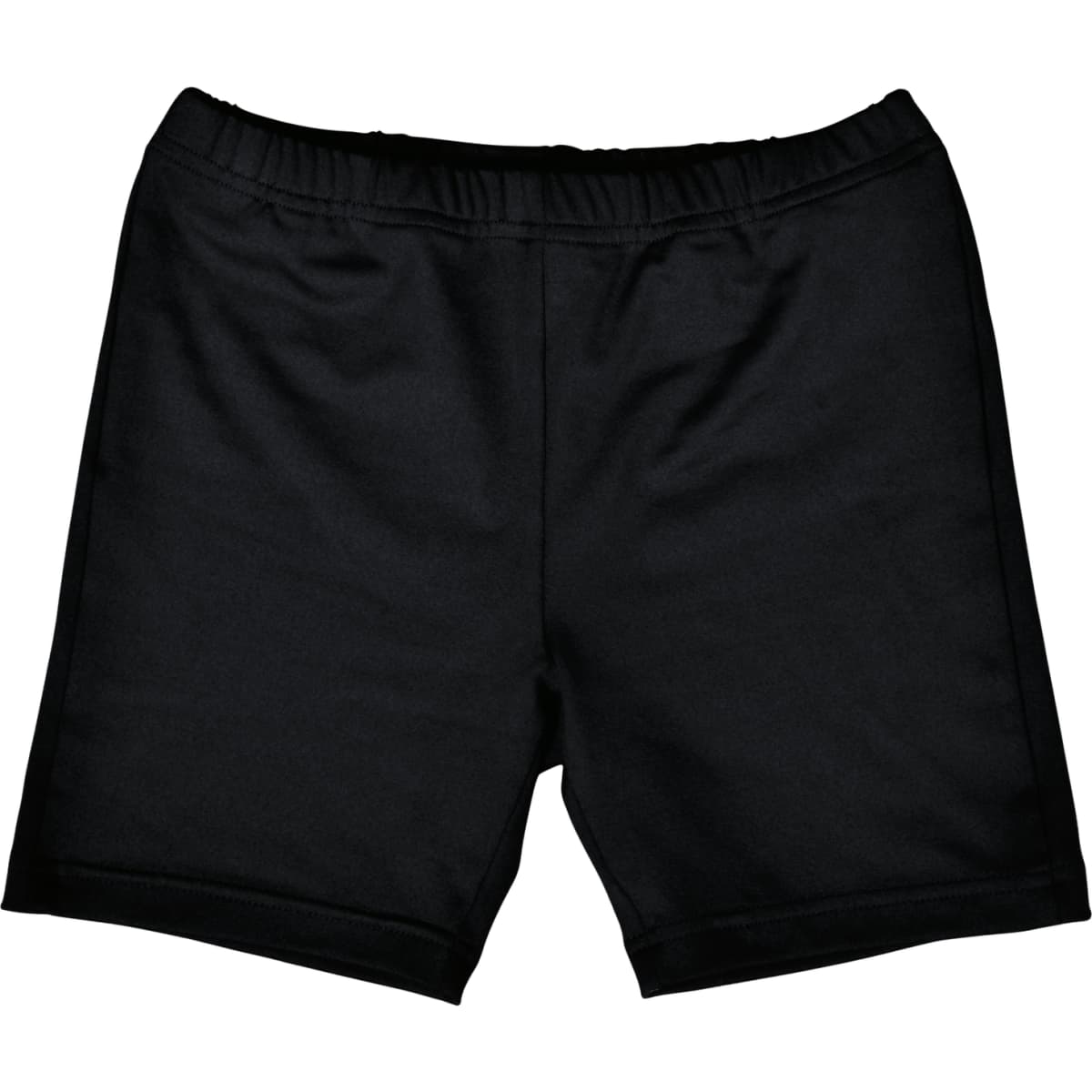 Black gym shorts for kids featuring an elastic waistband and no visible logos.
