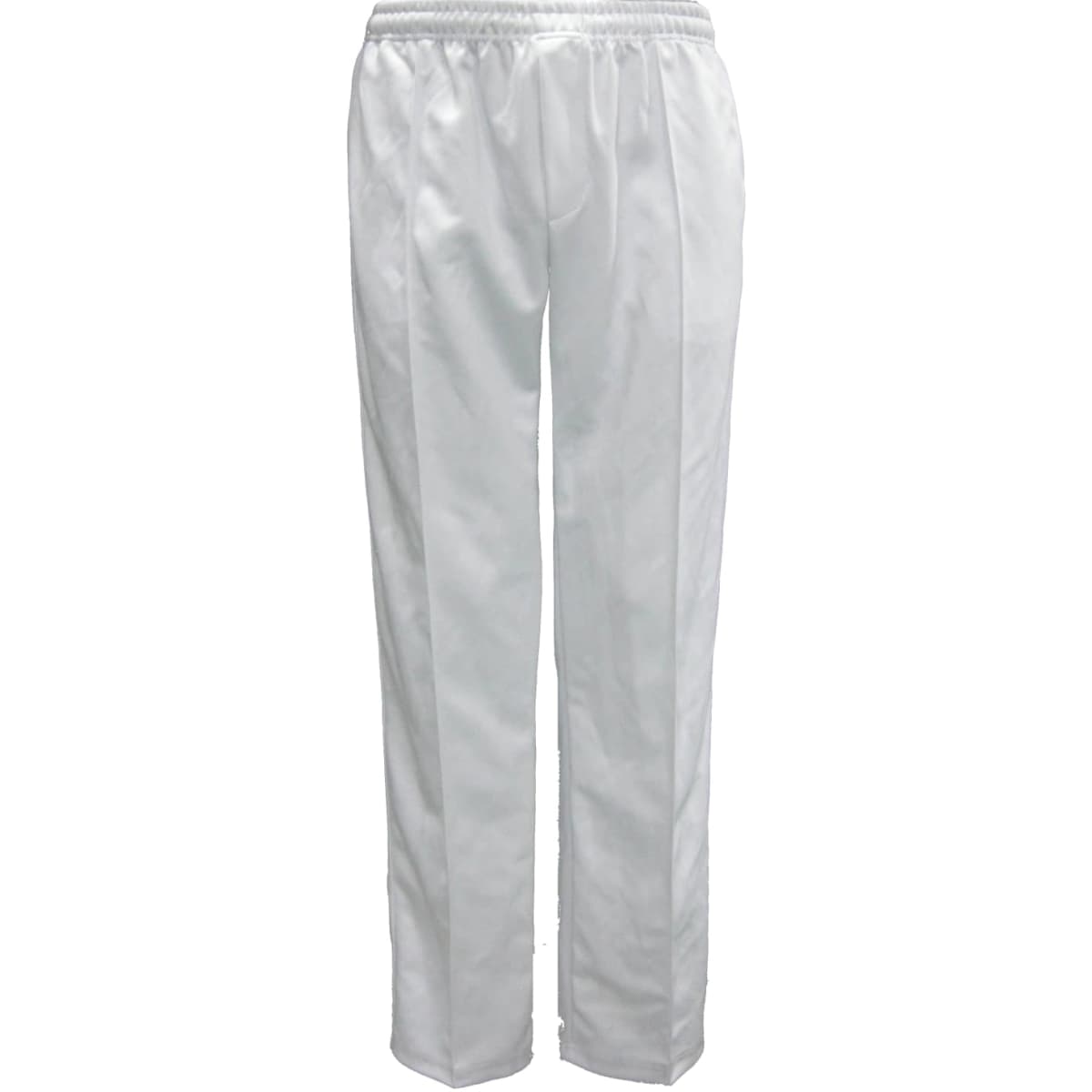 White cricket pants with an elastic waistband, designed for adults. Includes a logo on the waistband.