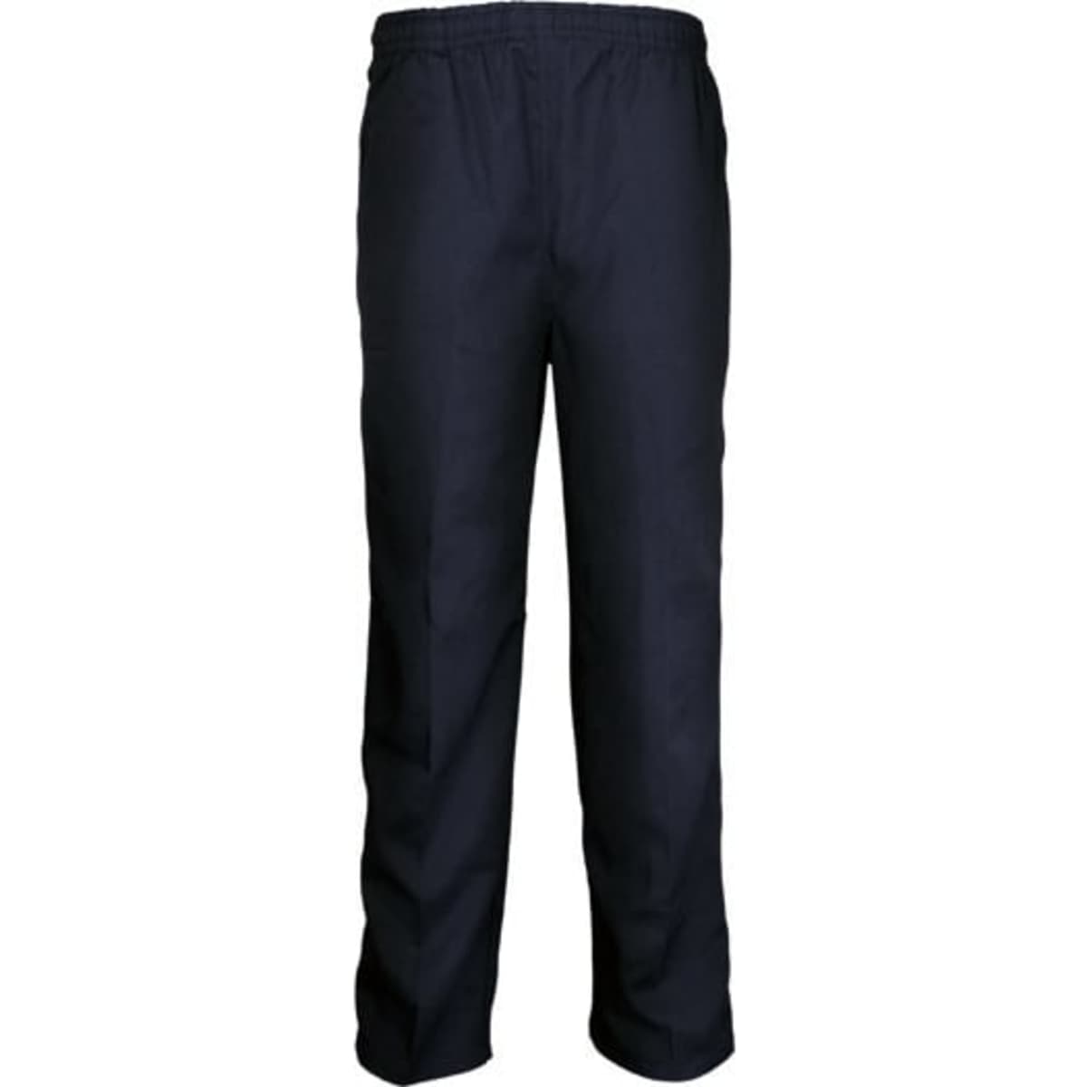 Navy blue kids' school trousers with an elastic waistband and a sleek, straight design. Features a logo.
