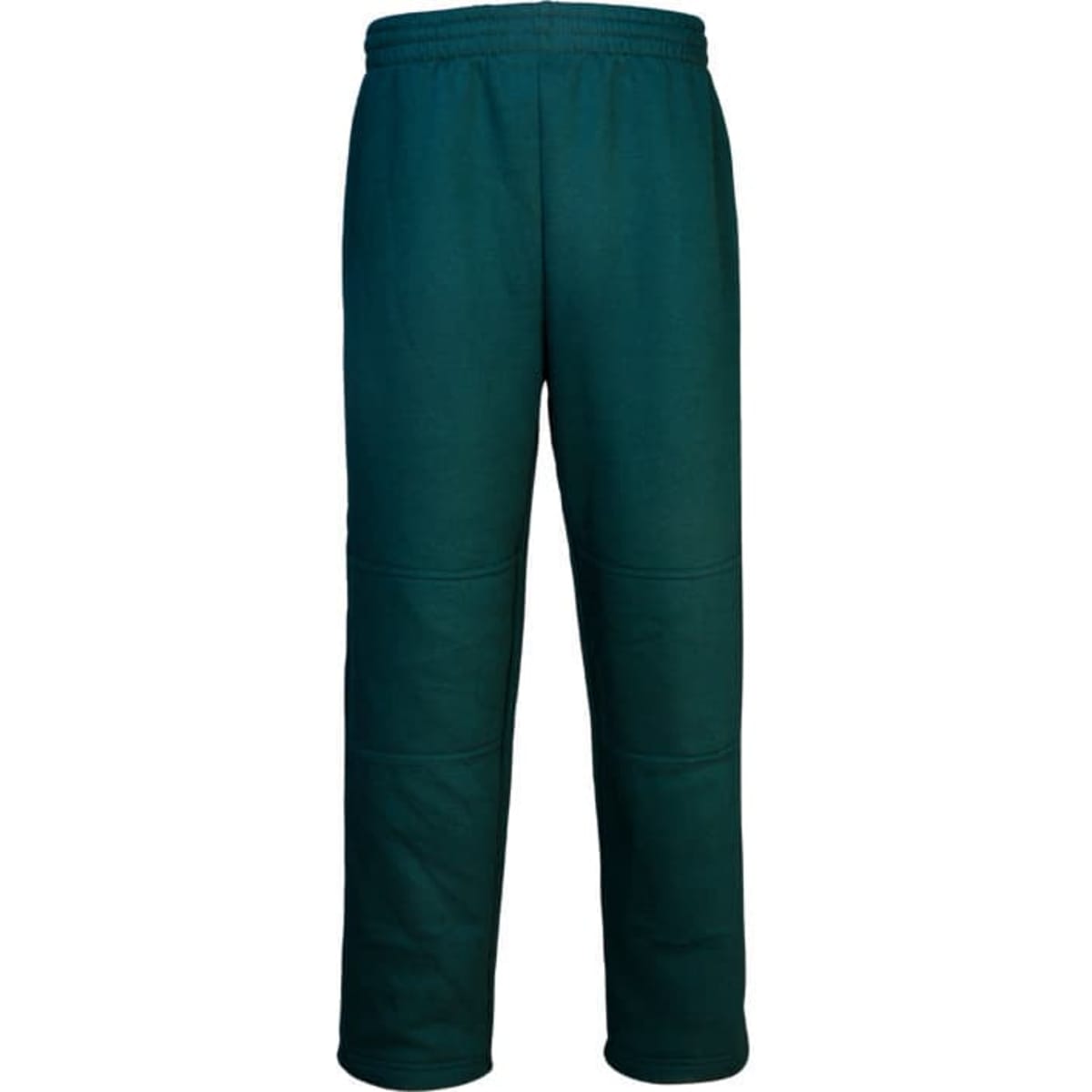 Dark green track pants featuring a double knee design and an elastic waistband. Includes a logo on the waistband.