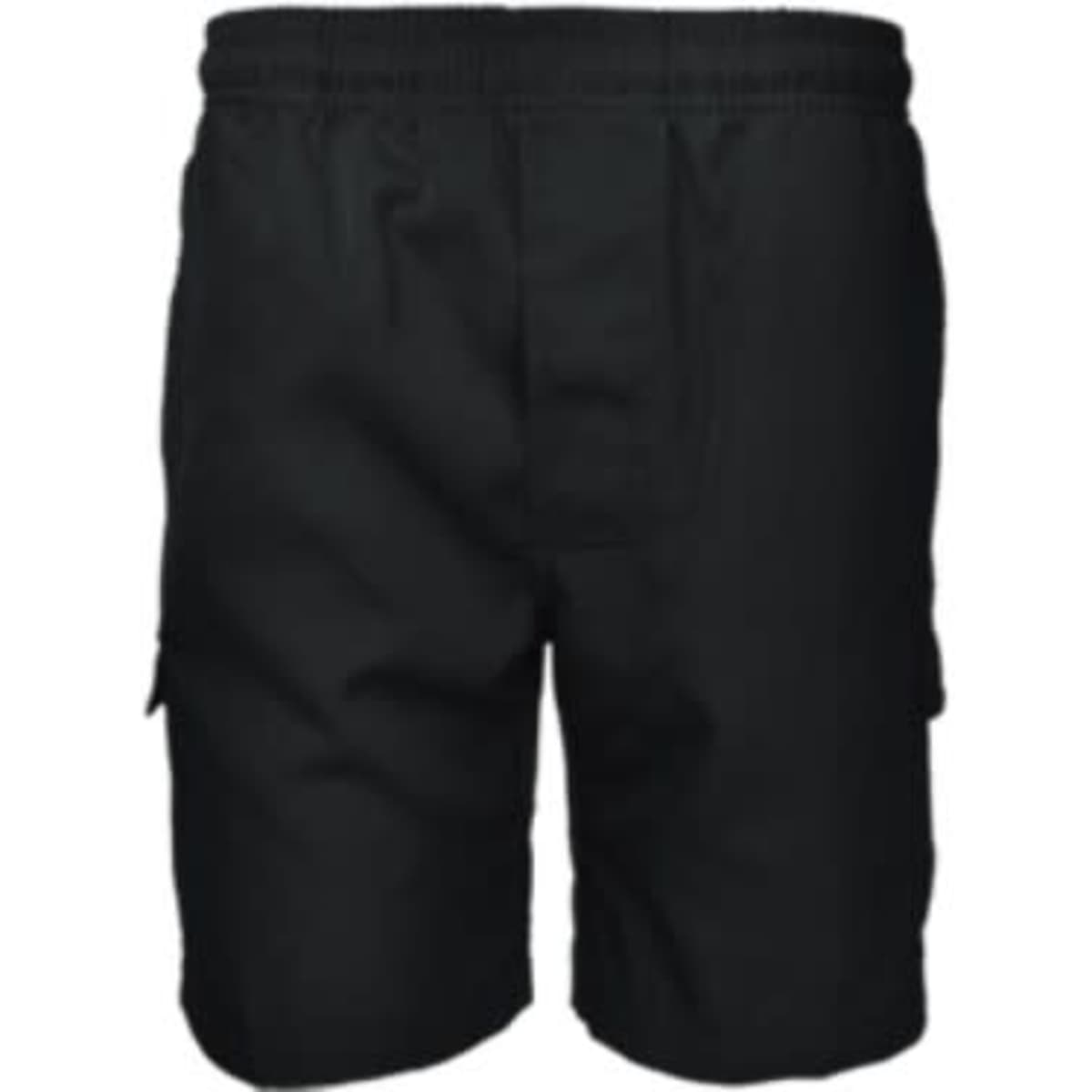Black kids' cargo shorts featuring side pockets and an elastic waistband. The back view highlights the design and fit.