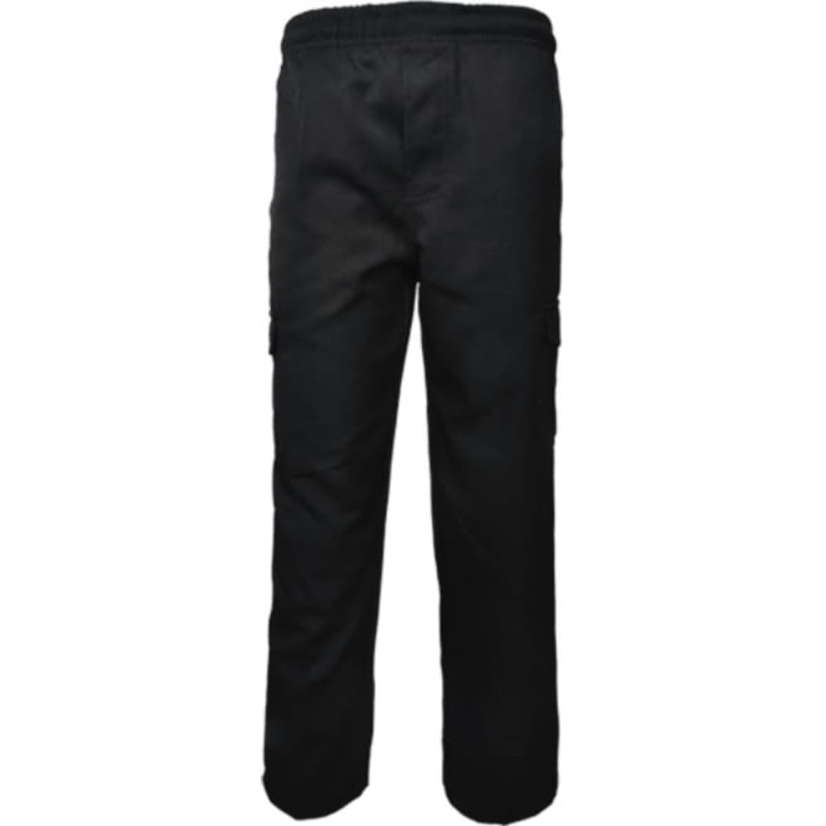 Black kids' cargo pants featuring side pockets and an elastic waistband. The design includes a logo.