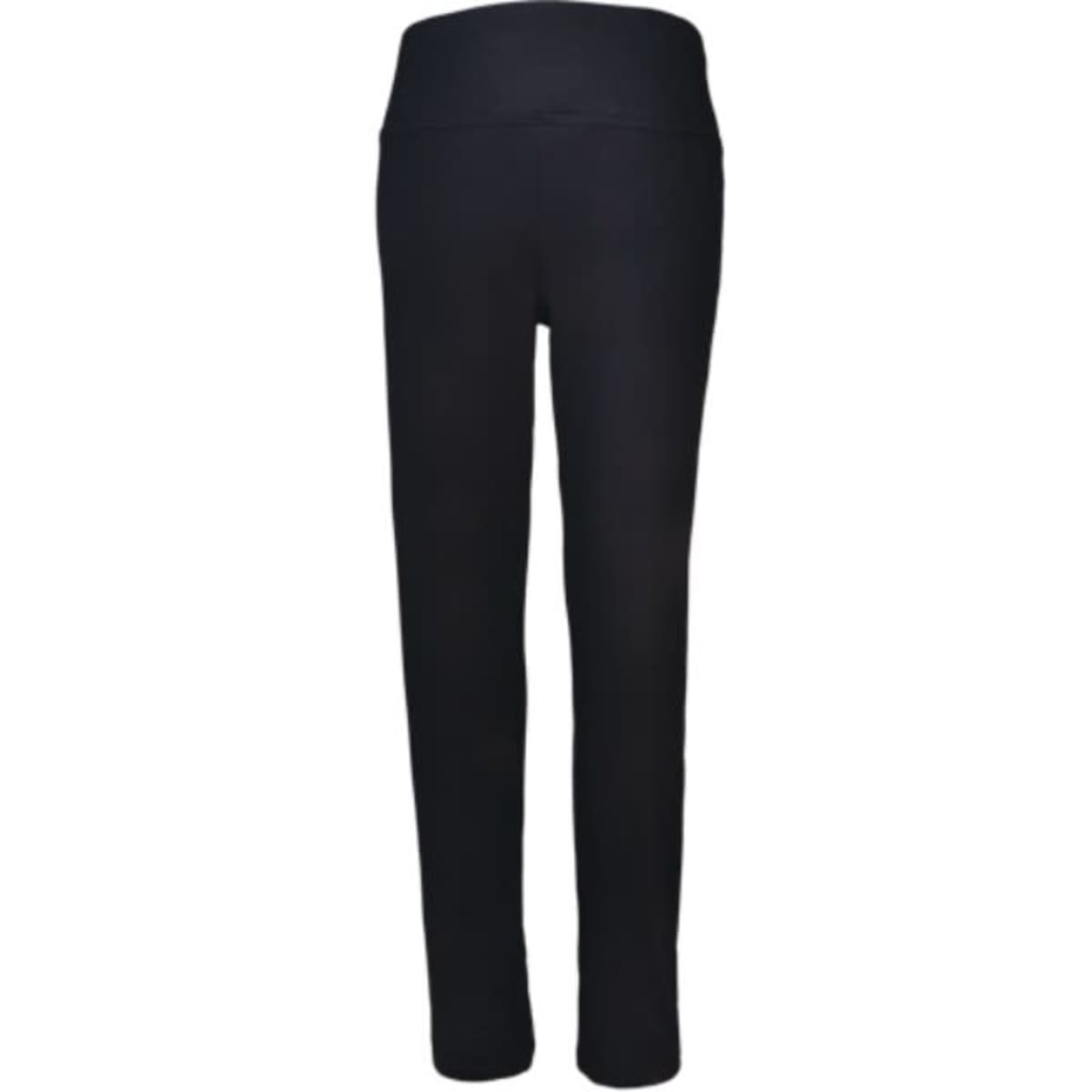 Black ladies' yoga tights featuring a high waistband and a smooth, fitted design. Includes a logo.