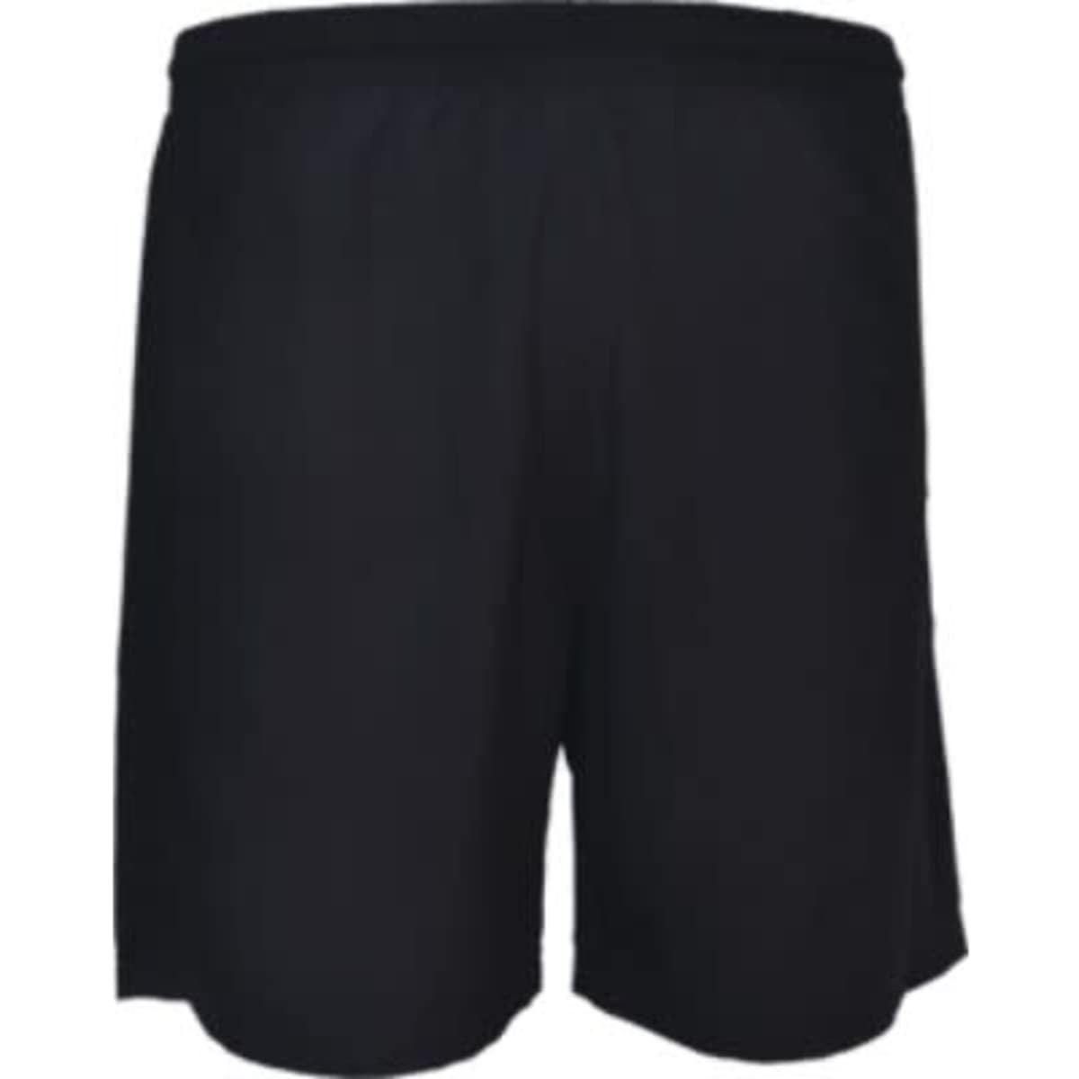 Black woven running shorts featuring an elastic waistband and a simple design, with a logo visible on the garment.