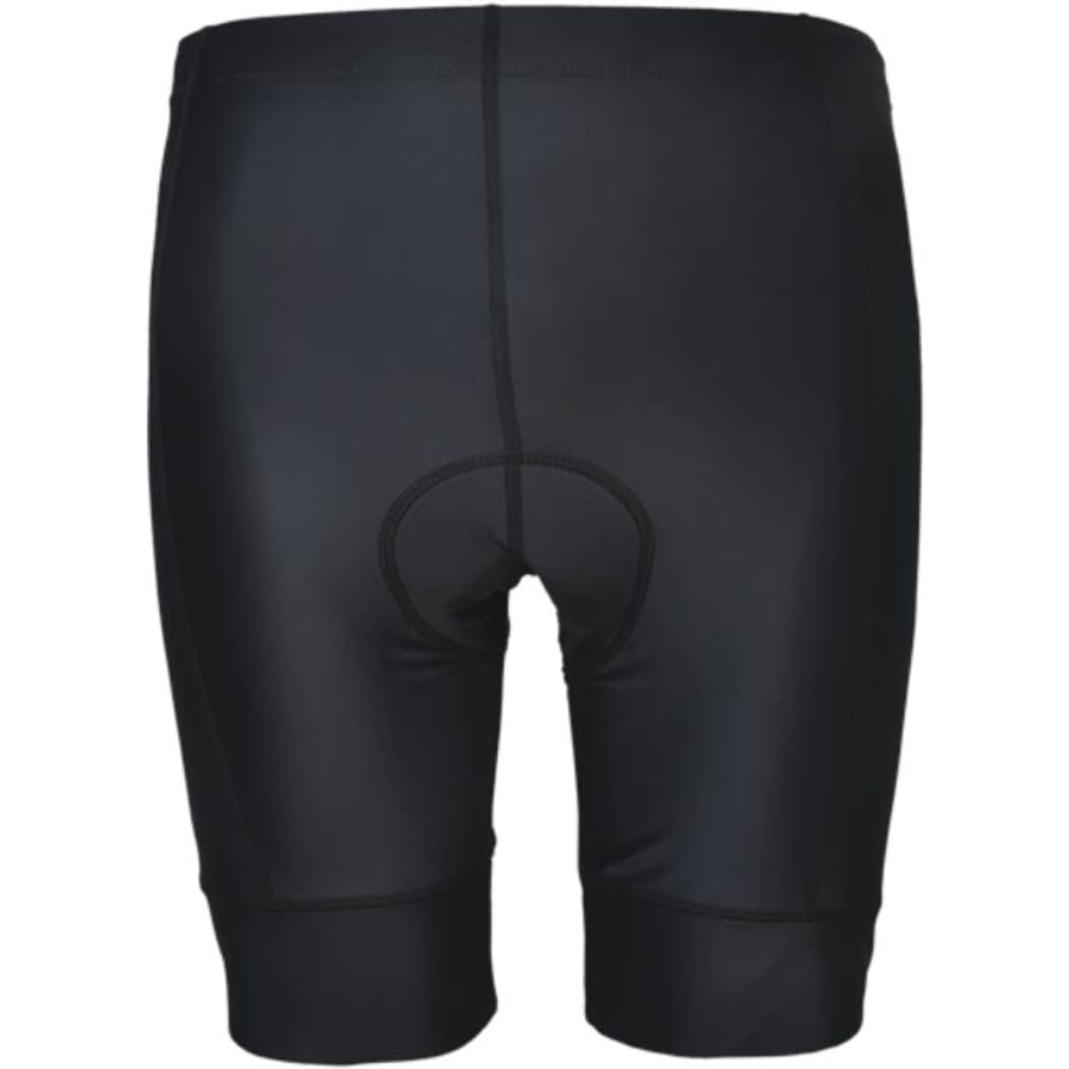 A pair of black ladies cycling shorts featuring a padded section and an elastic waistband.