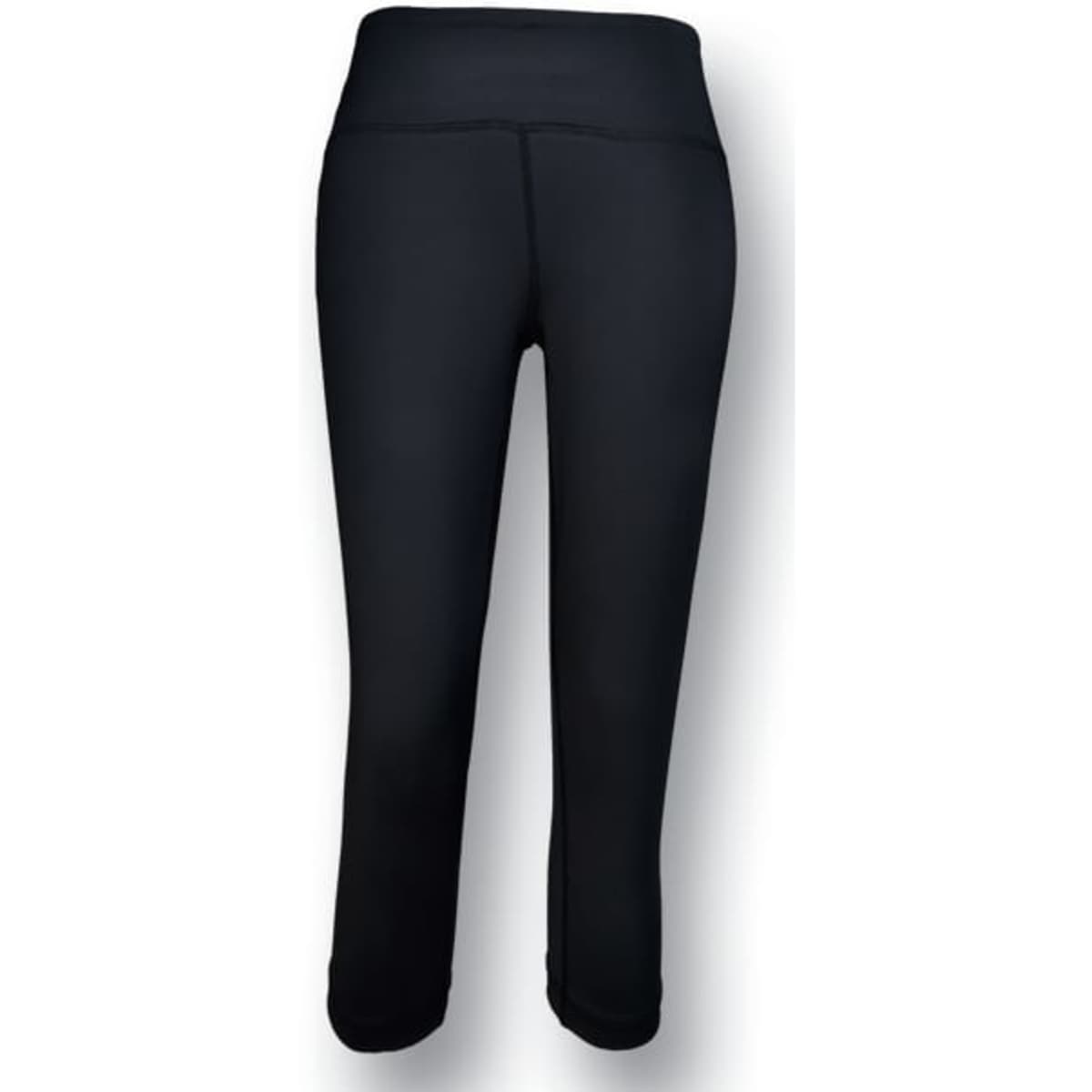 A pair of black high waisted 3/4 length gym tights with a logo on the waistband.