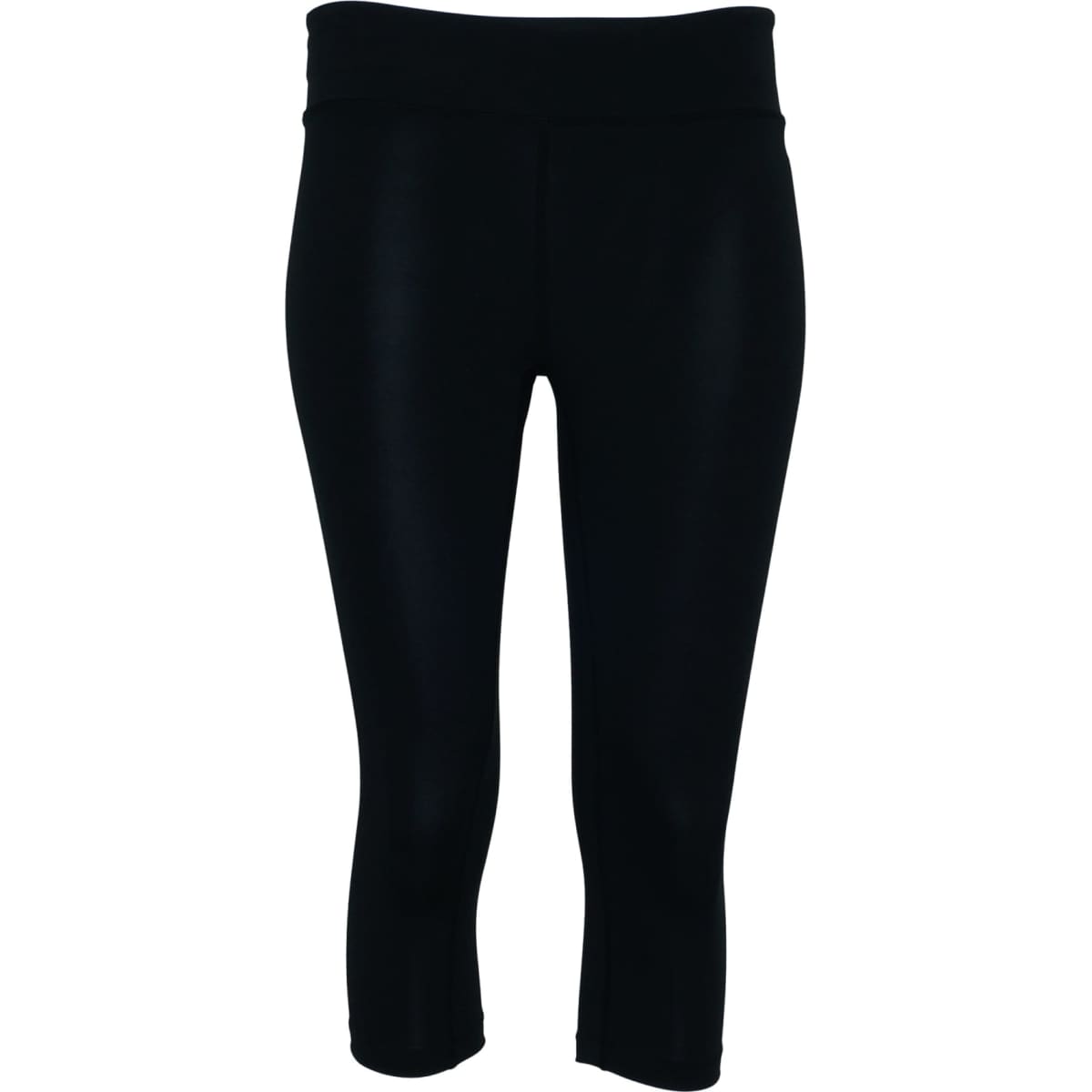High-waisted black 3/4 length gym tights for kids, featuring a smooth, sleek design and a waistband.