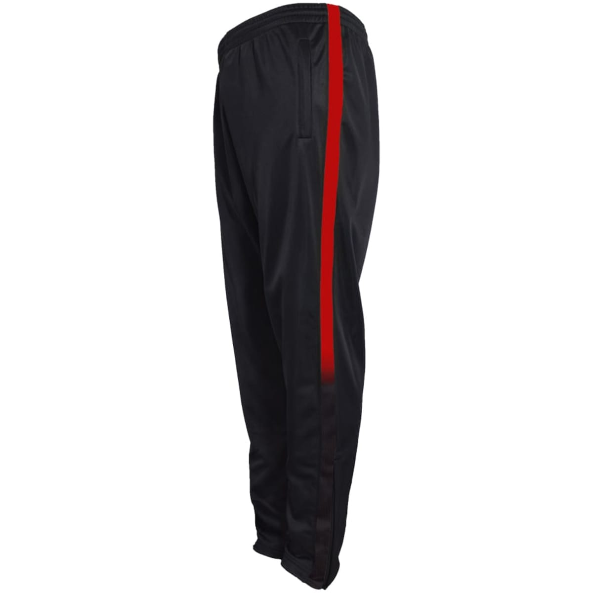 Unisex adults' track pants in black with red side stripes and a lined interior. Includes a logo.