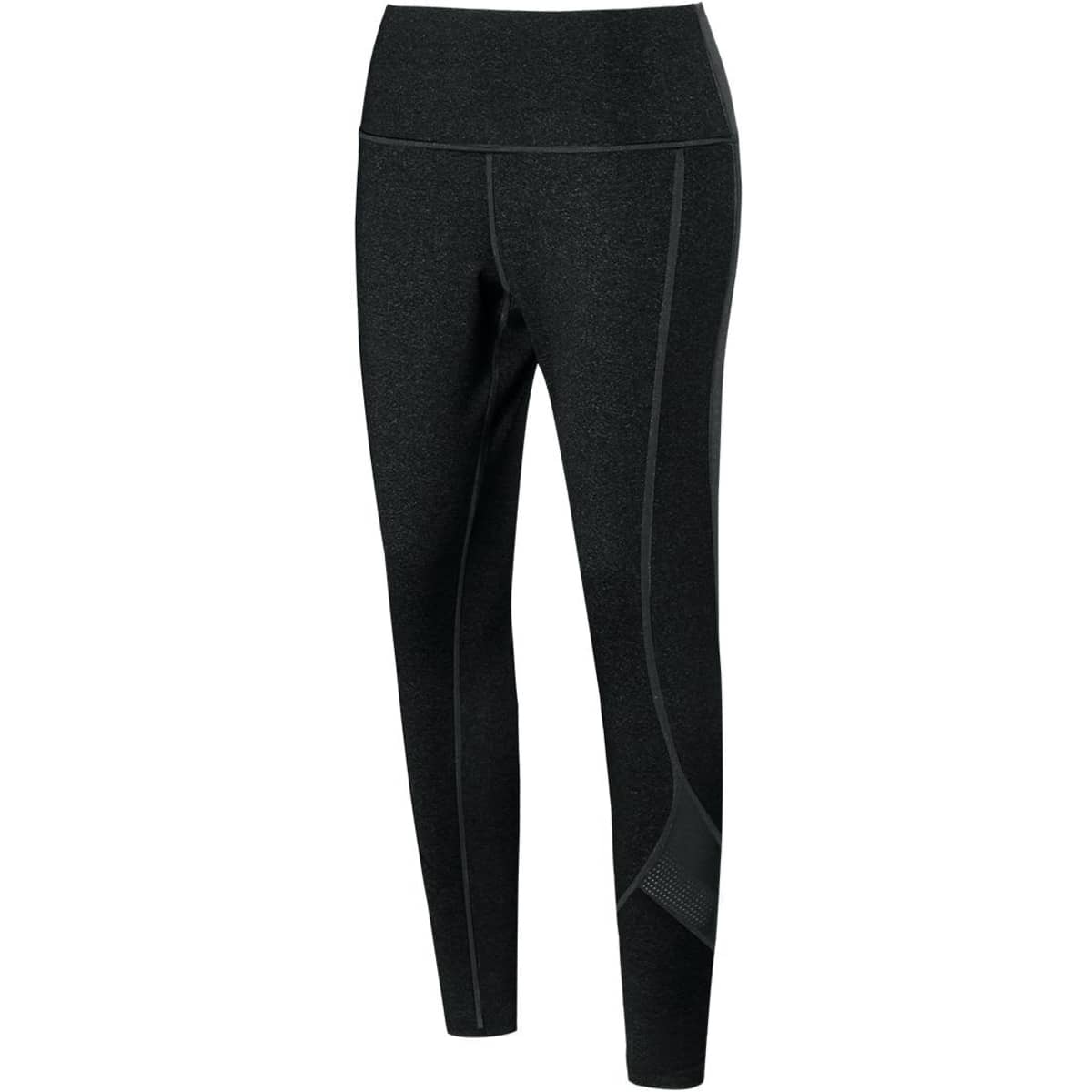 Black full-length tights with a fitted design, featuring contrasting seams and a branded logo.