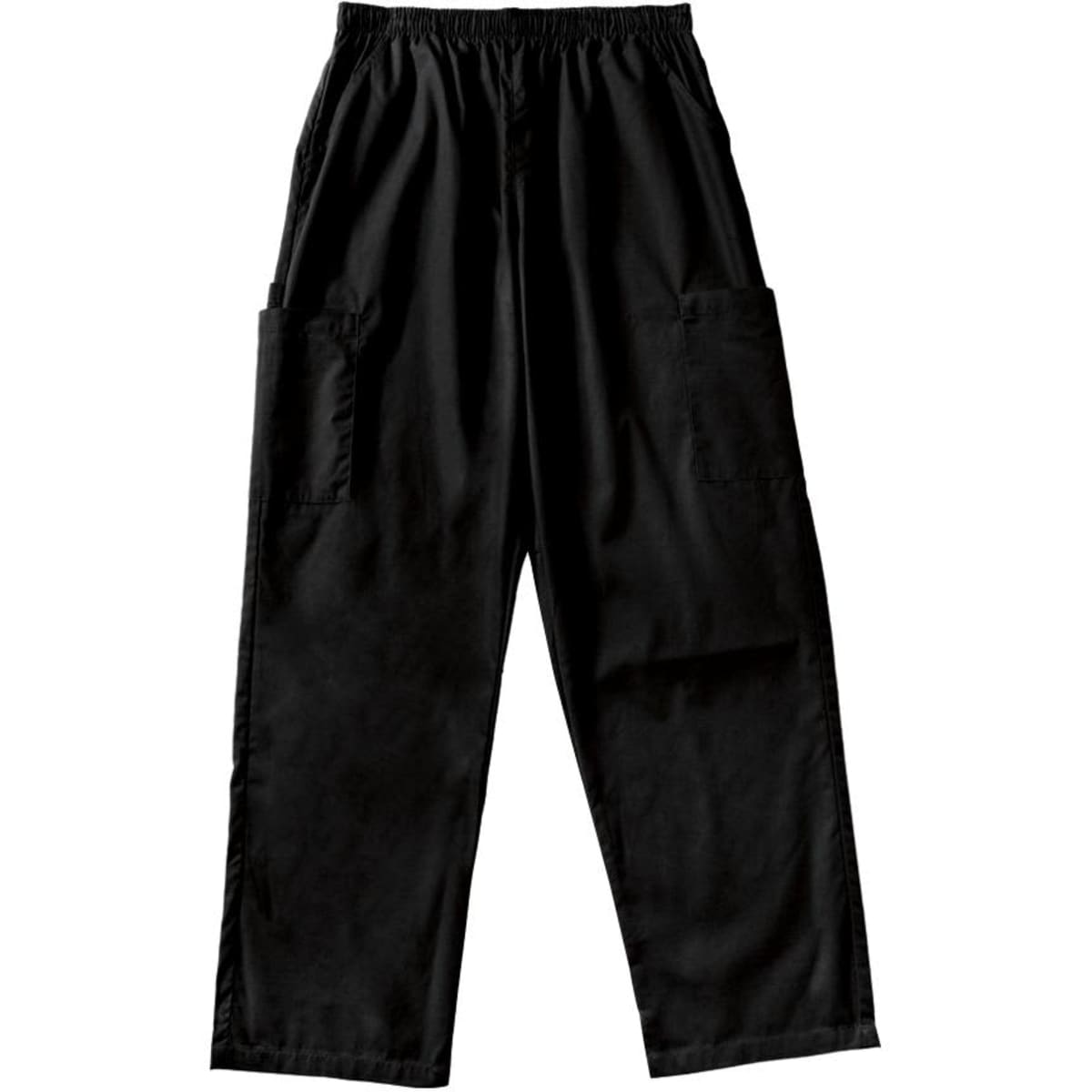 Black ladies' scrub pants with an elastic waistband and two side pockets. Features a logo on the waistband.