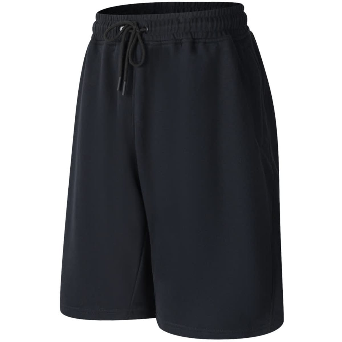 Terry fleece track shorts in black with an elastic waistband and drawstring feature. Includes branding on the shorts.