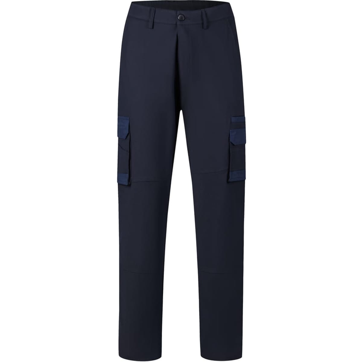 Heavy-duty work pants in navy blue with cargo pockets and a logo. Suitable for various work environments.