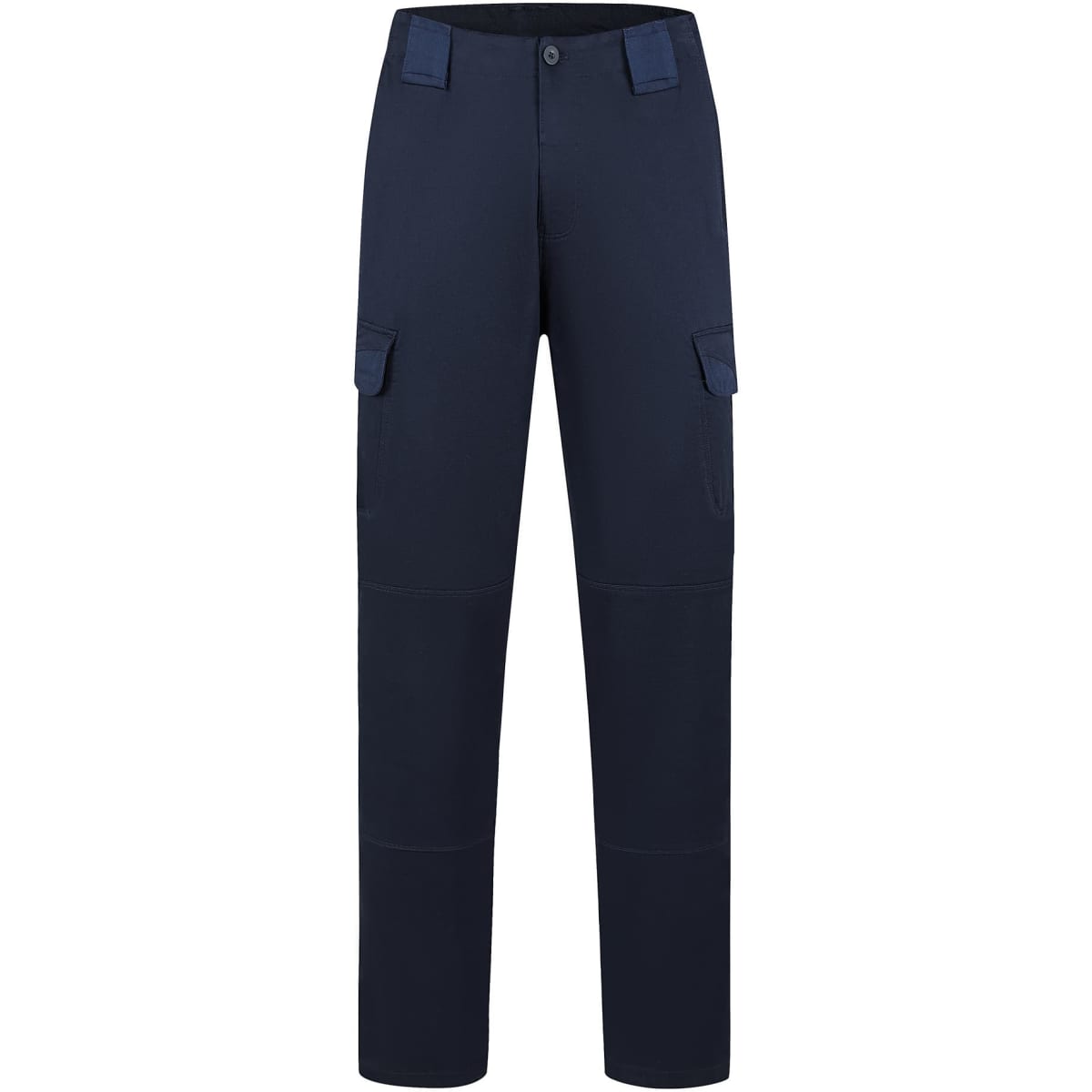 Navy utility pants featuring multiple pockets and a straight-leg design. Includes a logo on the waistband.