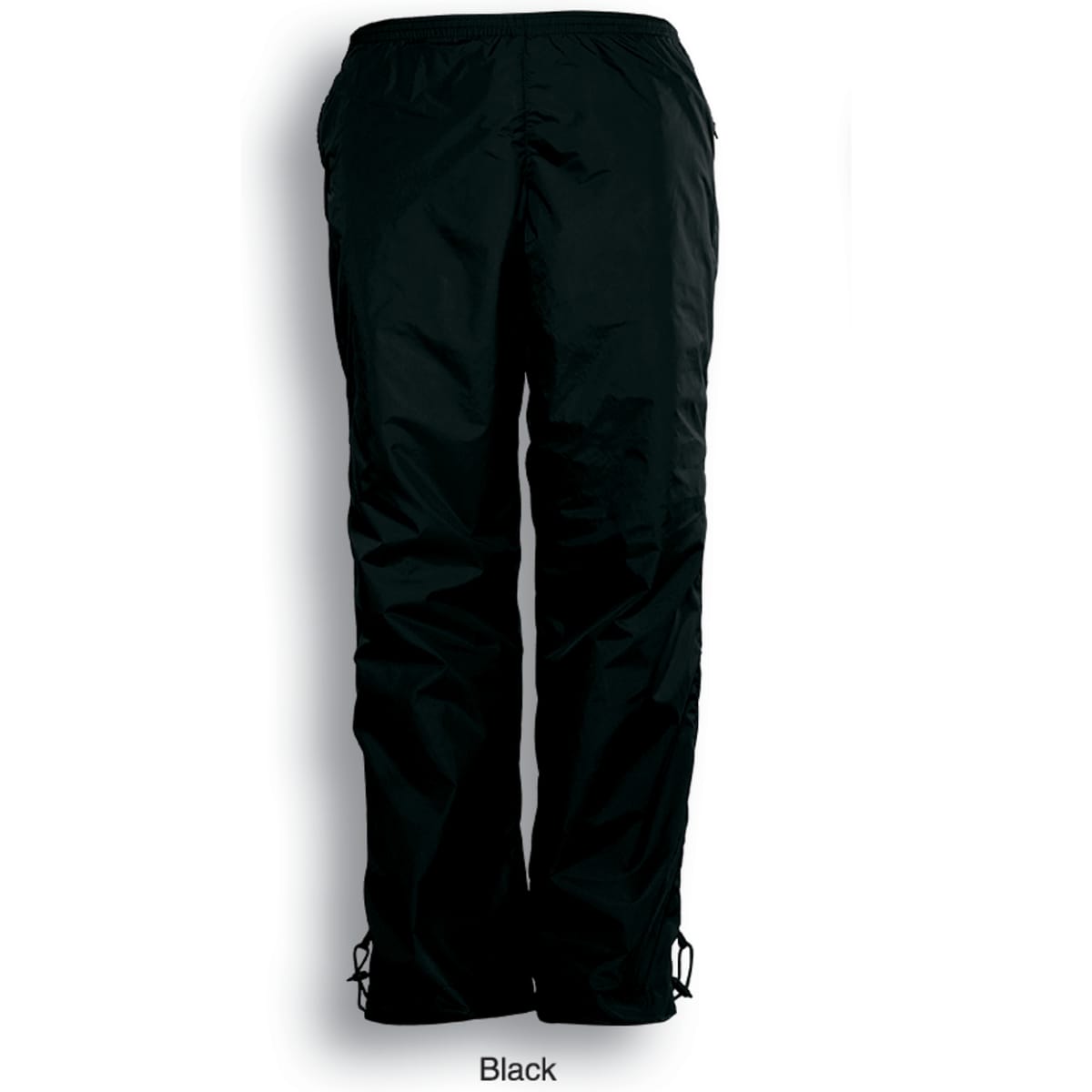 Black unisex training track pants with an elastic waist and adjustable cuffs, featuring a logo.