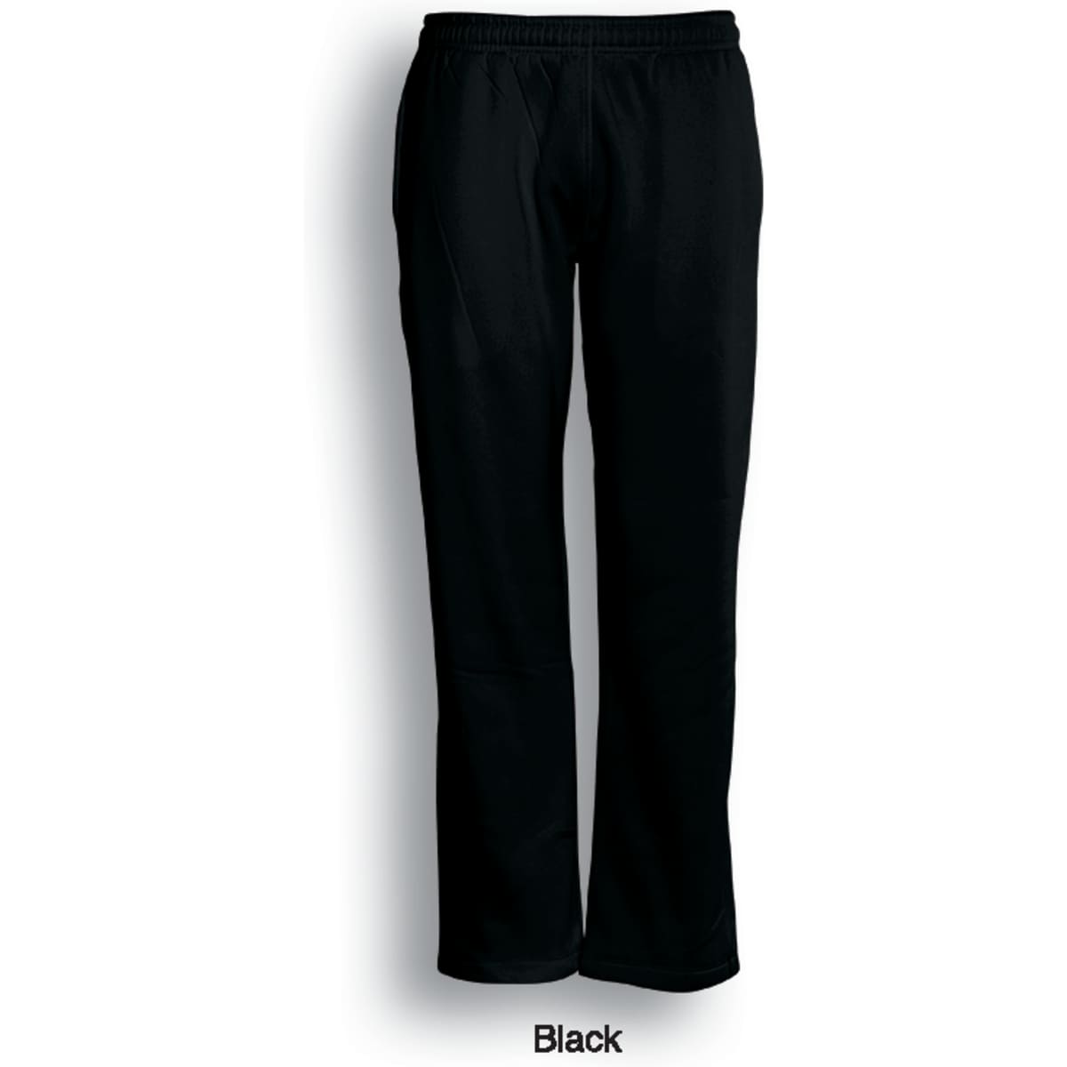 A pair of unisex black elastic waist track pants featuring a logo. Suitable for casual wear.