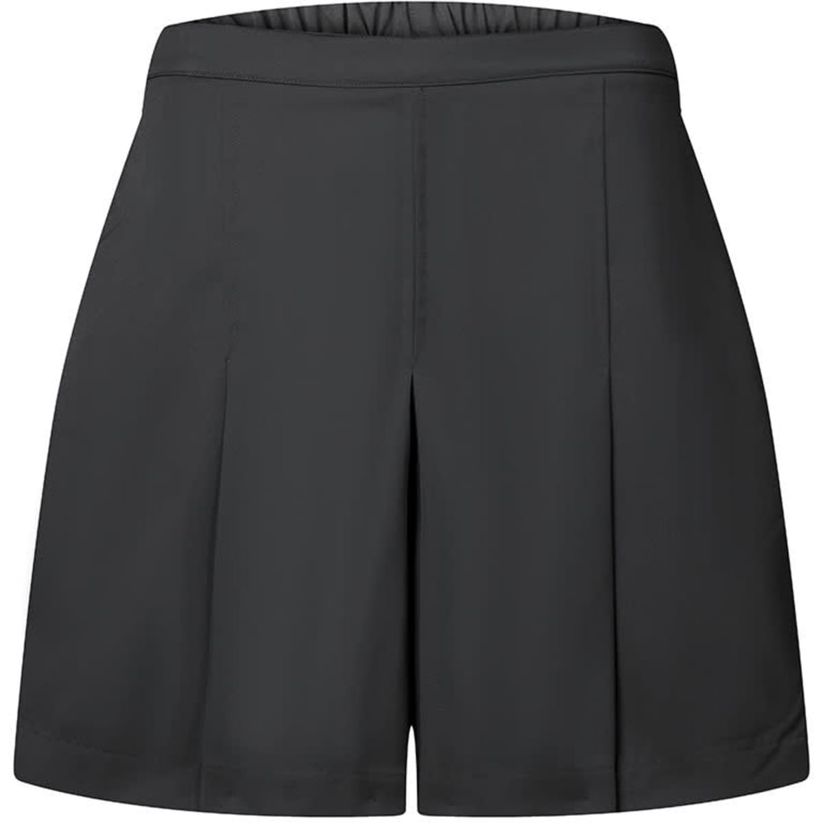 Black culottes with a smooth finish and pleat detailing, featuring an elastic waistband and a logo.