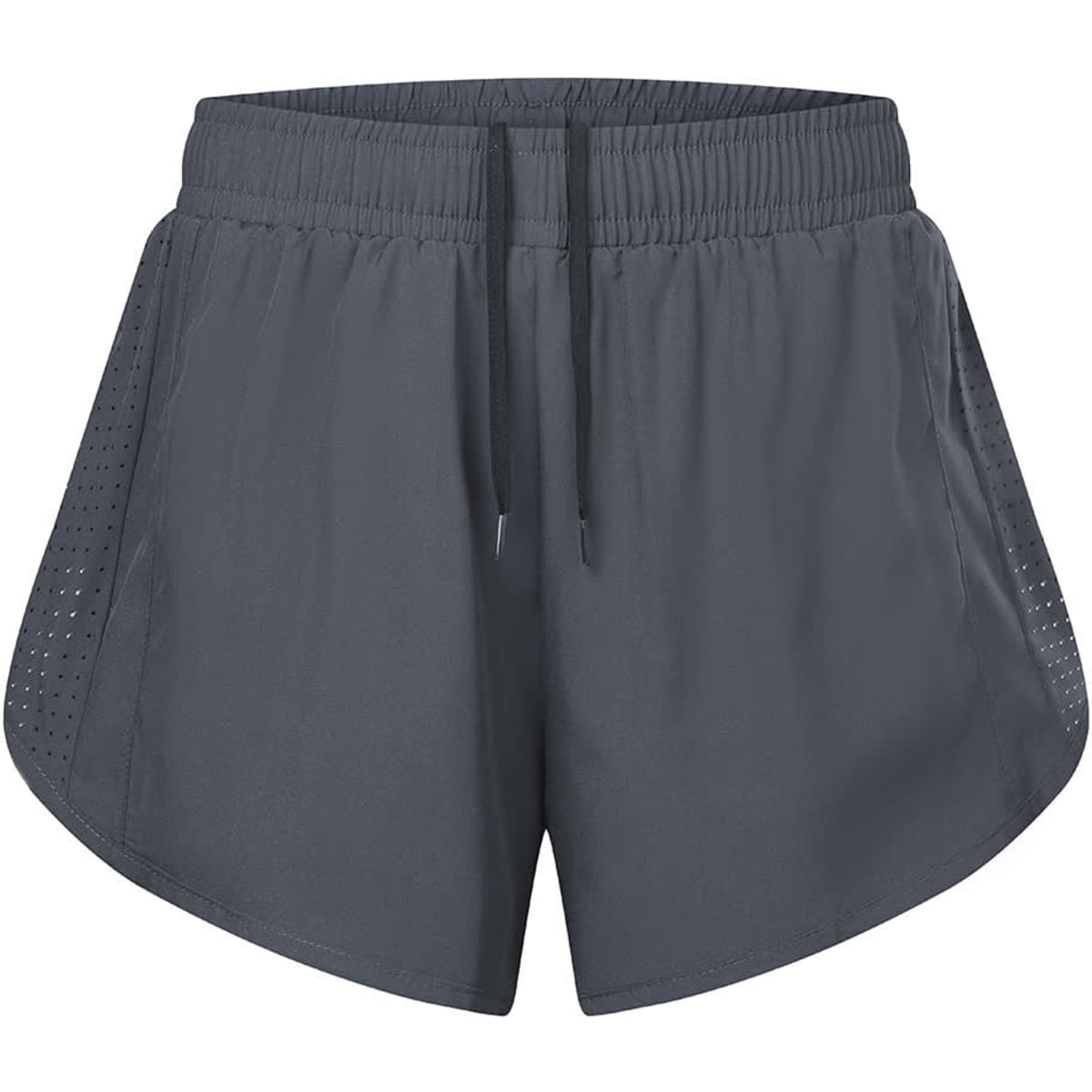 A pair of women's double layer sports shorts in dark grey, featuring a lightweight design with side mesh panels and a drawstring waist.