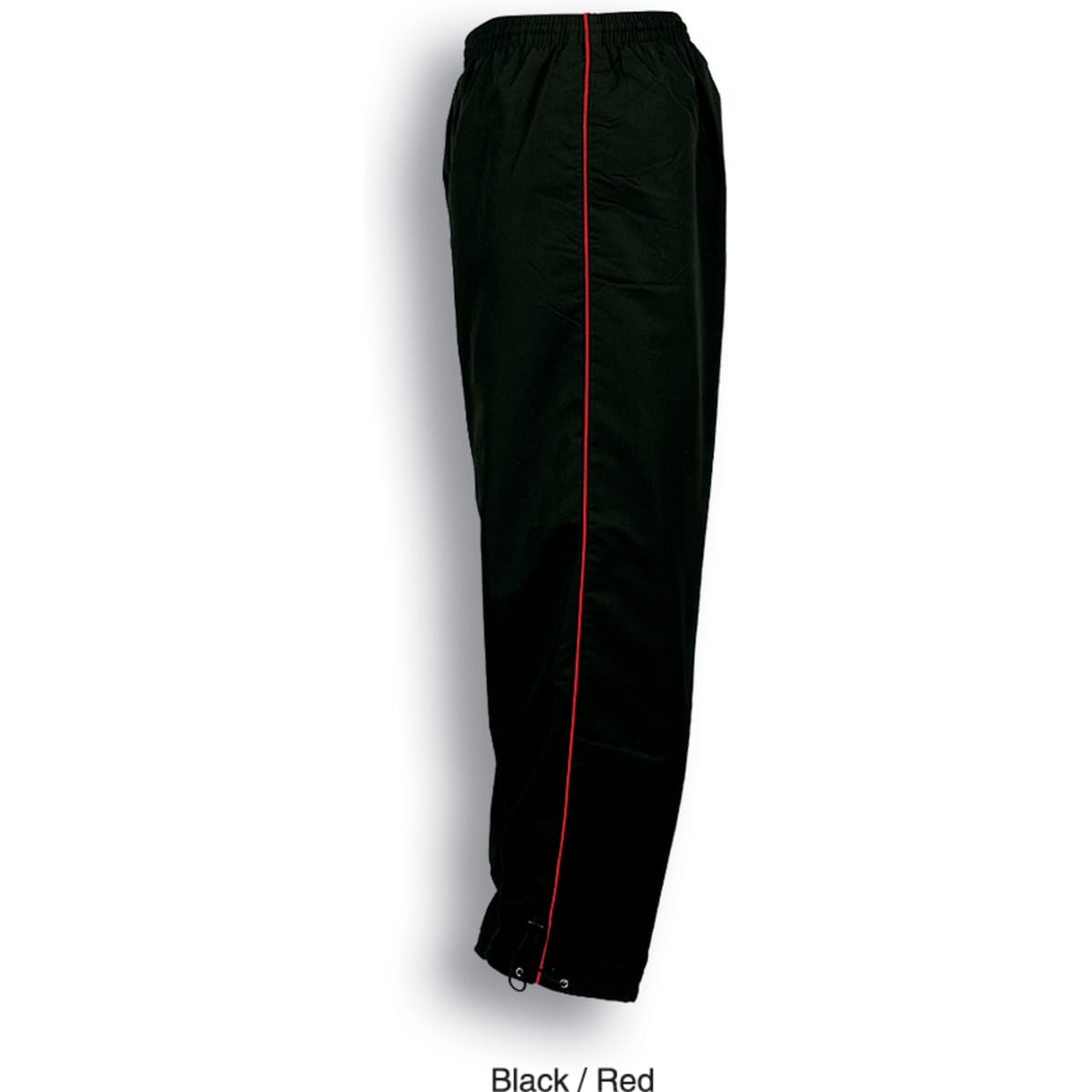Unisex track suit pants in black with red piping, featuring an elastic waistband. Includes a logo design.