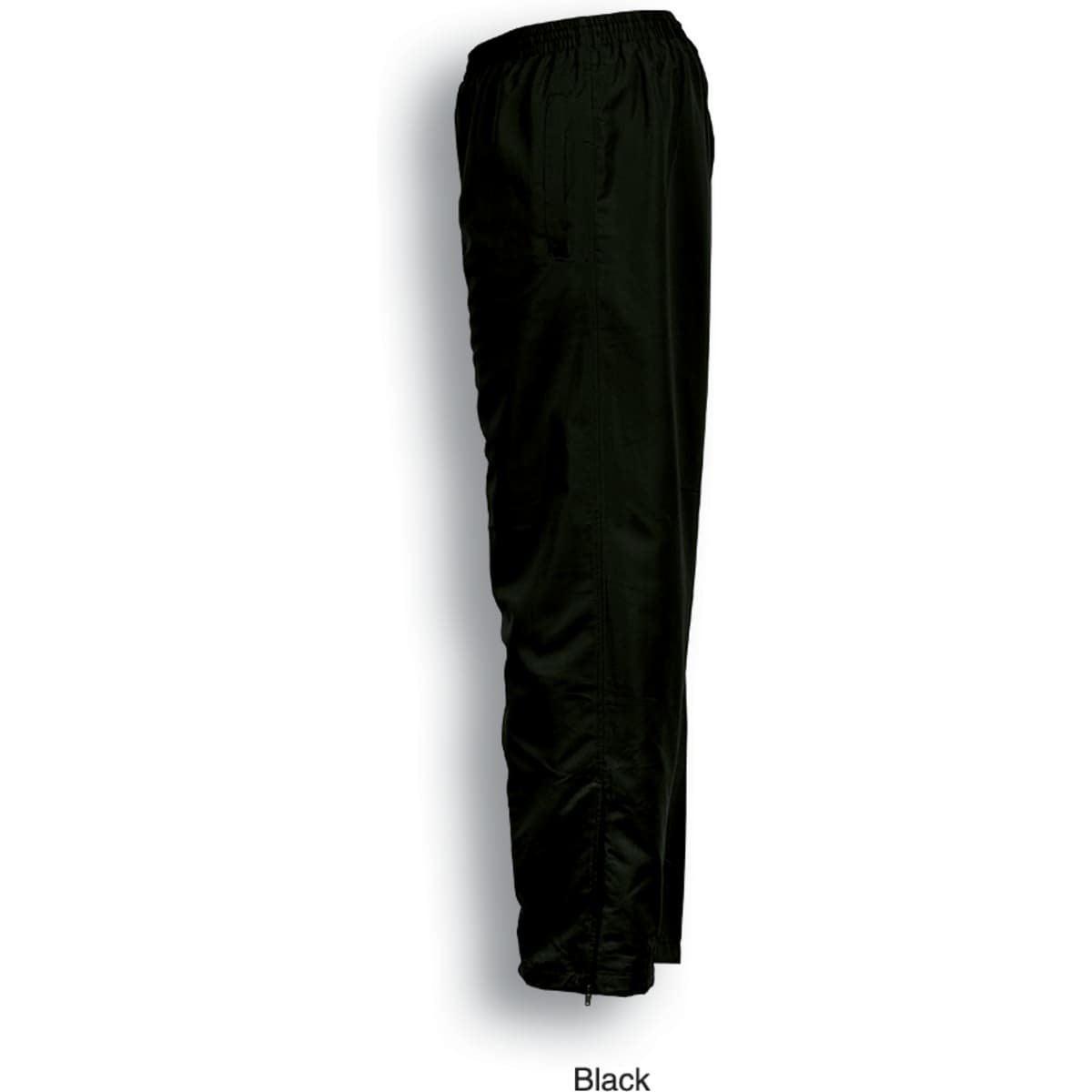 Black unisex track suit pants featuring an elastic waistband and zippered cuffs. Includes a logo on the side.