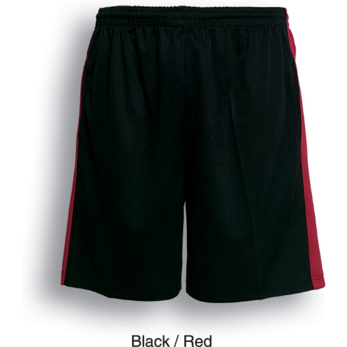 Unisex adults soccer panel shorts in black with red side panels, featuring an elastic waistband.